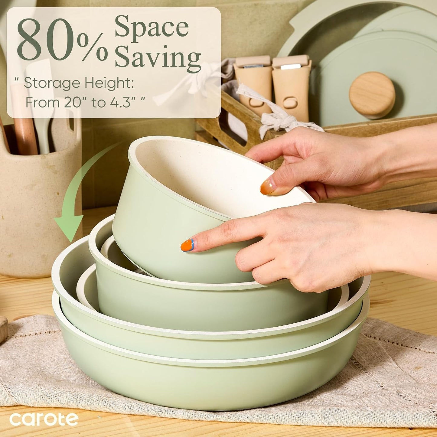 CAROTE 19pcs Pots and Pans Set Non Stick, Detachable Handle Cookware | Kitchen Cooking Sets, Space Saving, Dishwasher & Oven Safe, Non-Toxic, for Camping/RV/Traveling, Sage Green