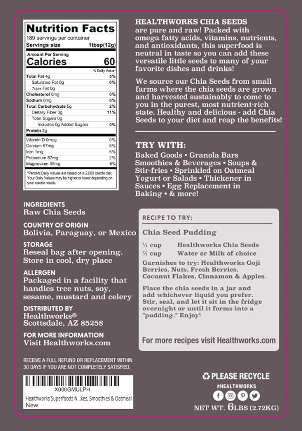 Healthworks Superfoods Raw Chia Seeds - 96 Oz / 6 Lbs - Premium & All-Natural - Contains Omega 3, Fiber & Protein - Great with Shakes, Smoothies & Oatmeal