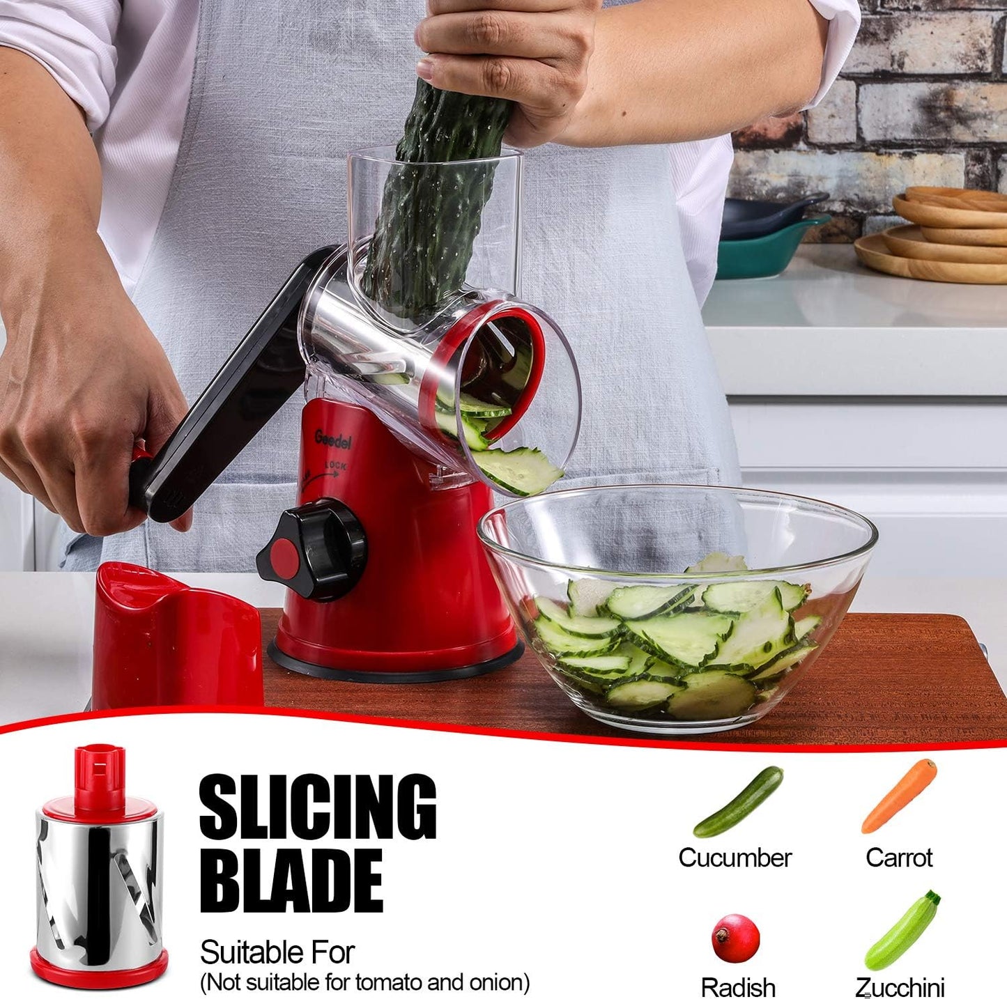 Geedel Rotary Cheese Grater Hand Crank, Cheese Shredder Vegetable Slicer | 3 Blades, 430 Stainless Steel, 12x Fast Cutting, Strong Suction Base, No BPA, Dishwasher Safe, for Cheese, Veggie, Nut