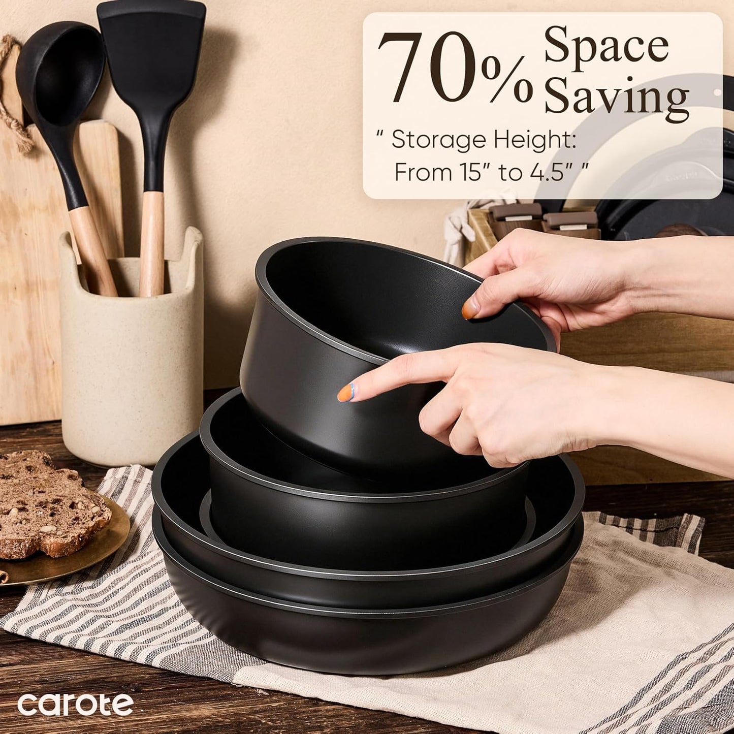 CAROTE 19pcs Pots and Pans Set Non Stick, Detachable Handle Cookware Set | Induction Compatible, Dishwasher & Oven Safe, Space Saving, for Camping/RV/Traveling, Kitchen Cooking Set, Black