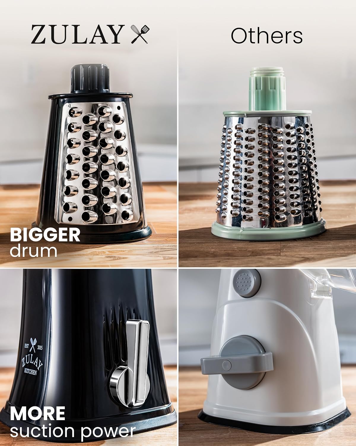 Zulay Kitchen Rotary Cheese Grater 5 Blade Cheese Shredder - Manual Hand Crank Cheese Grater With Reinforced Suction & 5 Interchangeable Drums - Easy to Use, Vegetable Chopper Round Mandoline Slicer