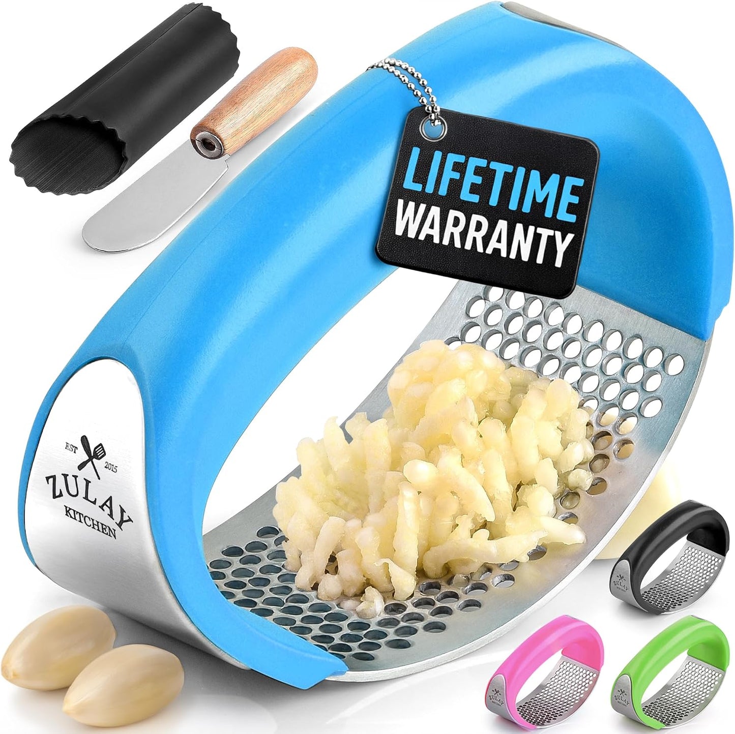 Zulay Kitchen Stainless Steel Garlic Press Rocker Set - Premium Garlic Mincer Garlic Crusher - New Innovative Garlic Crusher with Peeler and Scraper - Comfortable Grip (Black)