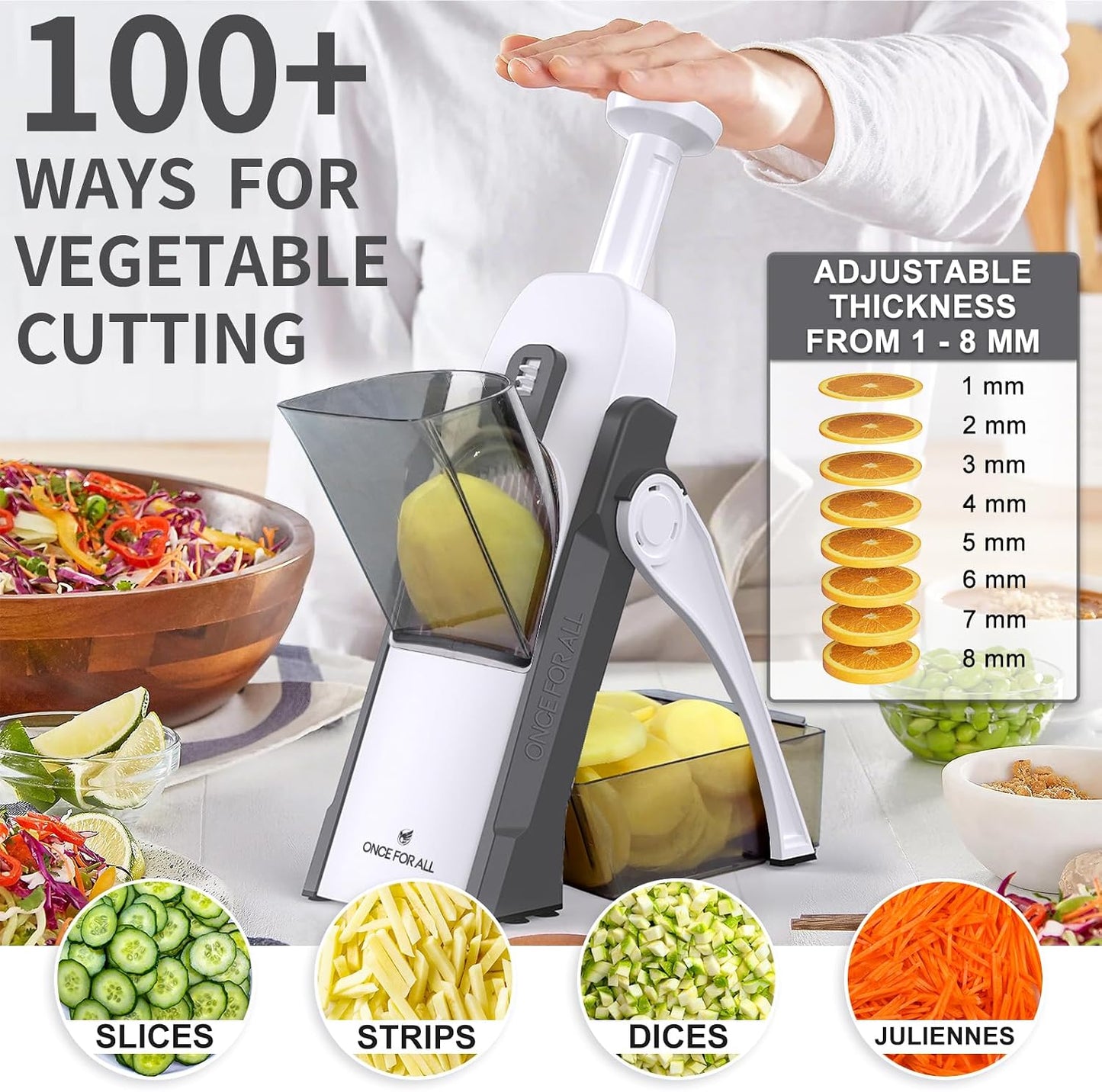 ONCE FOR ALL Safe Mandoline Slicer Kitchen, All in 1 Vegetable Slicer, Gray | Adjustable Thickness, Potato Slicer Veggie Chopper, Strips Julienne Dicer, French Fry Cutter, Dishwasher Safe, Kitchen Gift