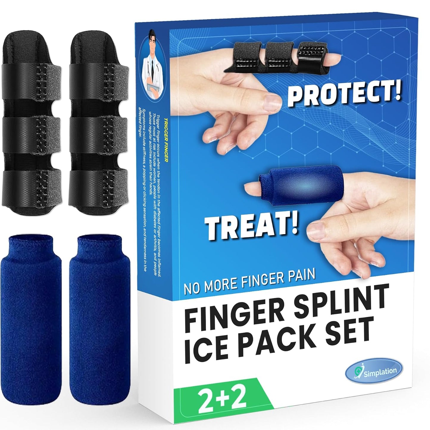 Simplation Trigger Finger Splint and Ice Pack Set for Pain Relief