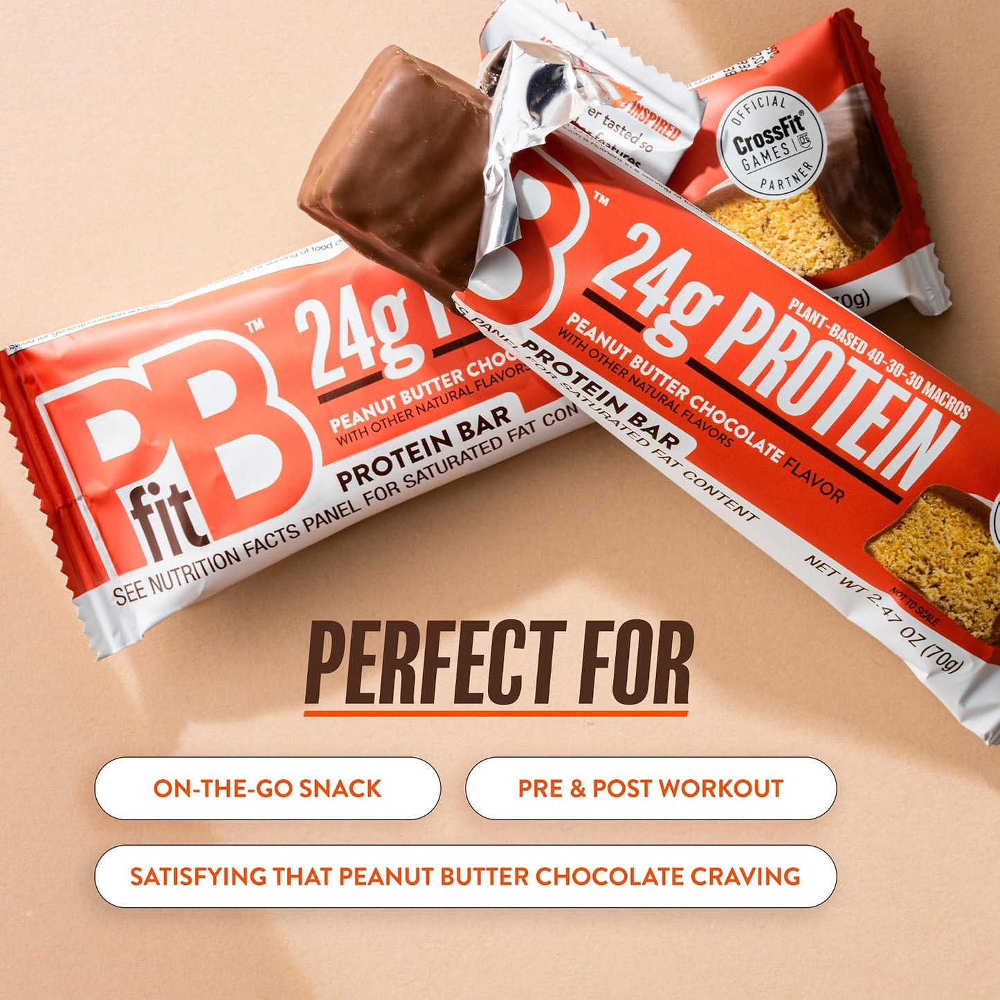 PBfit Peanut Butter Chocolate Protein Bars, 24g Protein, Gluten Free, Vegan, 40-30-30 Macros, 2.47 Oz, Pack of 12