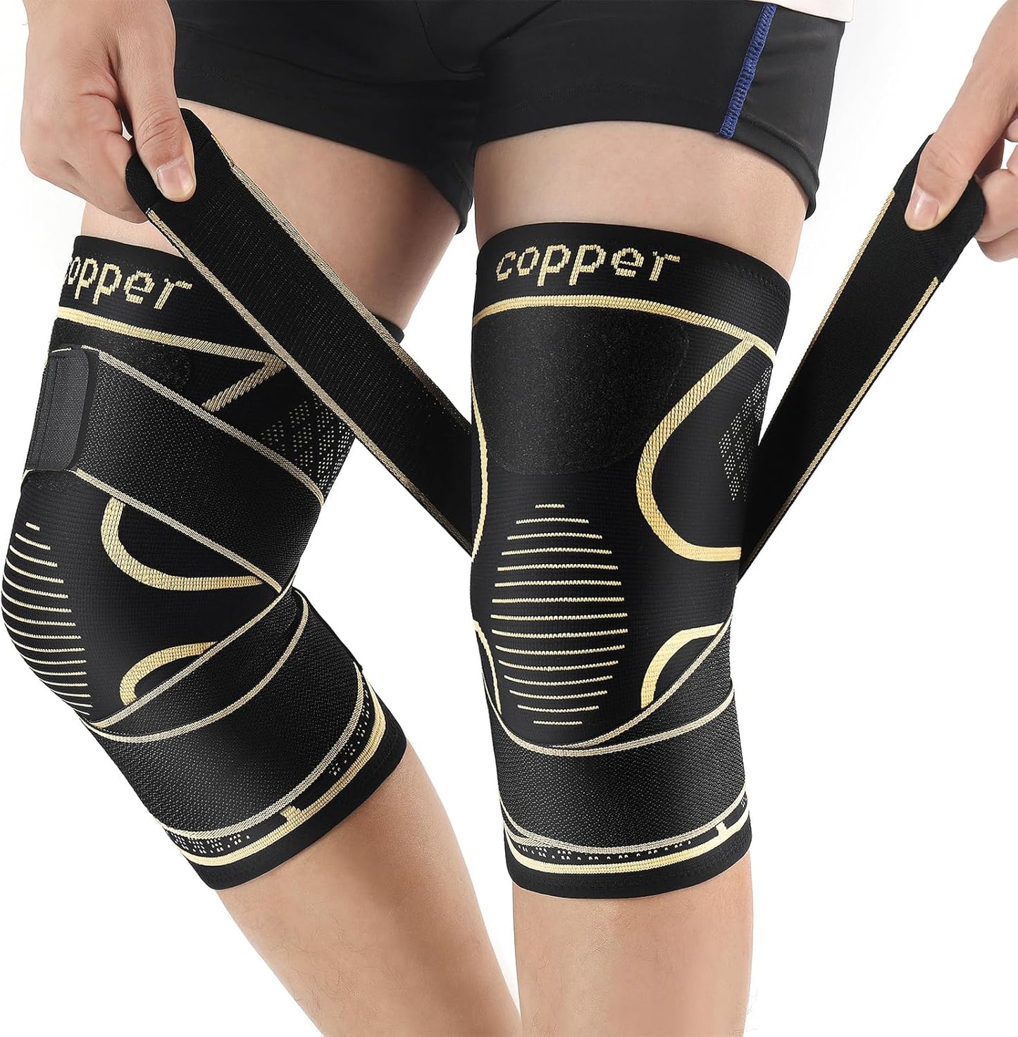 Copper Knee Braces with Strap for Knee Pain Relief, 2 Pack, Medium Size