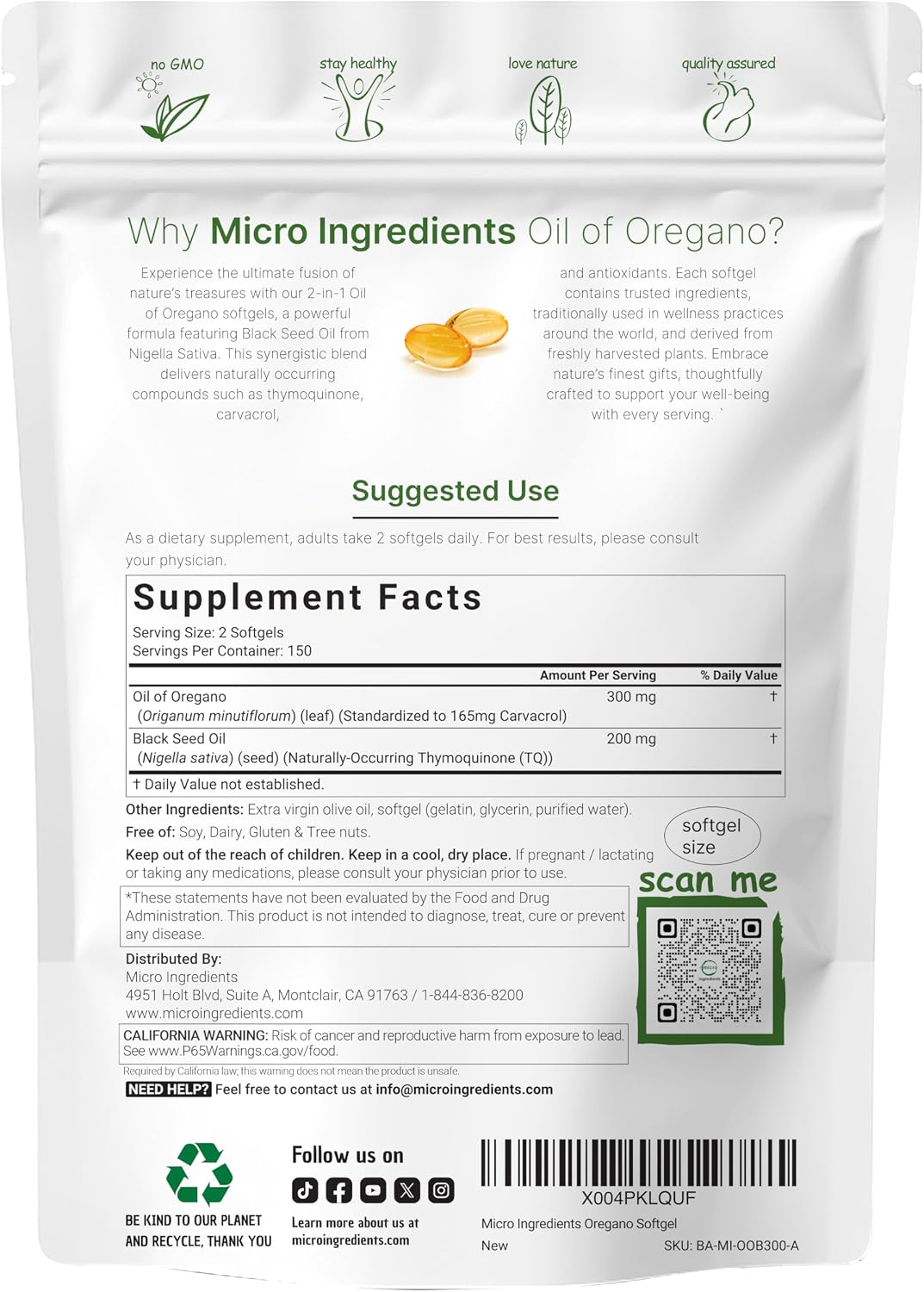 Micro Ingredients Oil of Oregano Softgels, 300 Count | 2 in 1 Formulated with Black Seed Oil | 4X Strength Carvacrol & Thymoquinone | Plant Based, Non-GMO