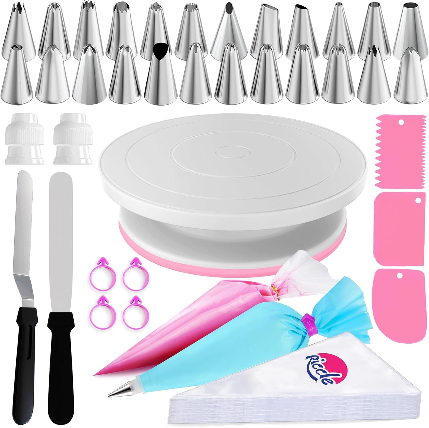 Riccle 88 pcs Cake Decorating Kit with Cake Turntable - Includes 50 Disposable + 2 Reusable Piping Bags and Tips Set, 24 Icing Piping Tips, 2 Spatulas, 3 Icing Comb Scraper, Baking Supplies