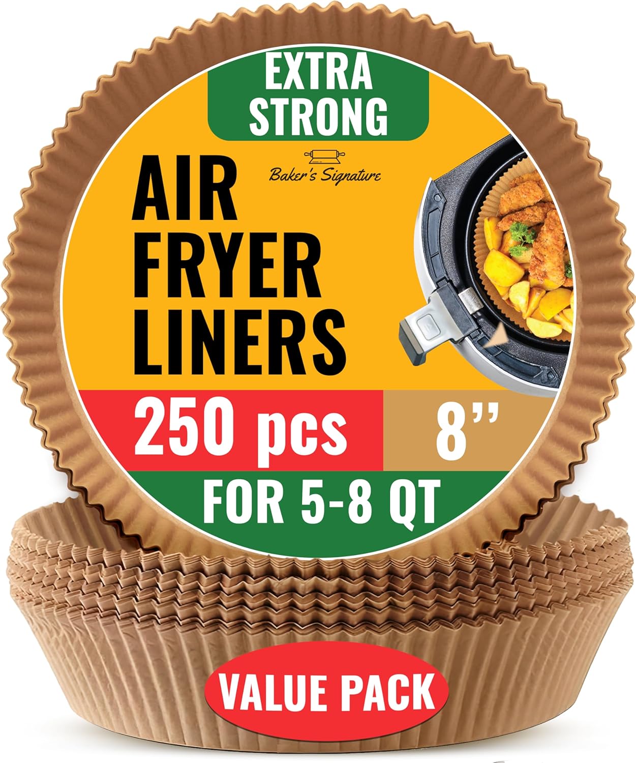 Air Fryer Paper Liners, 125Pcs Air Fryer Disposable Liners | Non-Stick and Oil Proof for Easy Cleanup, 8" Square for 5-8 qt Basket by Baker's Signature