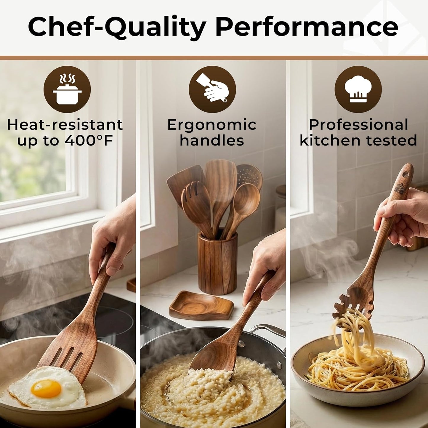 Wooden Utensil Set, 8 Pcs Teak Wooden Spoons for Cooking with Holder | Includes Spatula, Turner, Ladle, Skimmer, Spoon Rest & 6 Hooks – Sturdy, Non-Scratch, Easy to Clean