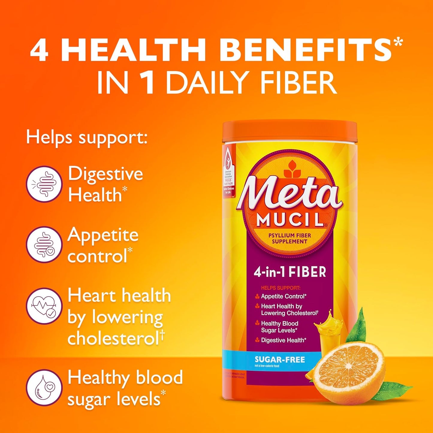 Metamucil 4-in-1 Psyllium Husk GLP-1 Friendly Fiber Supplement, Sugar-Free, 180 teaspoons, Orange Flavored, Daily Fiber Powder for Digestive Health, made with Plant-Based Psyllium Husk Fiber