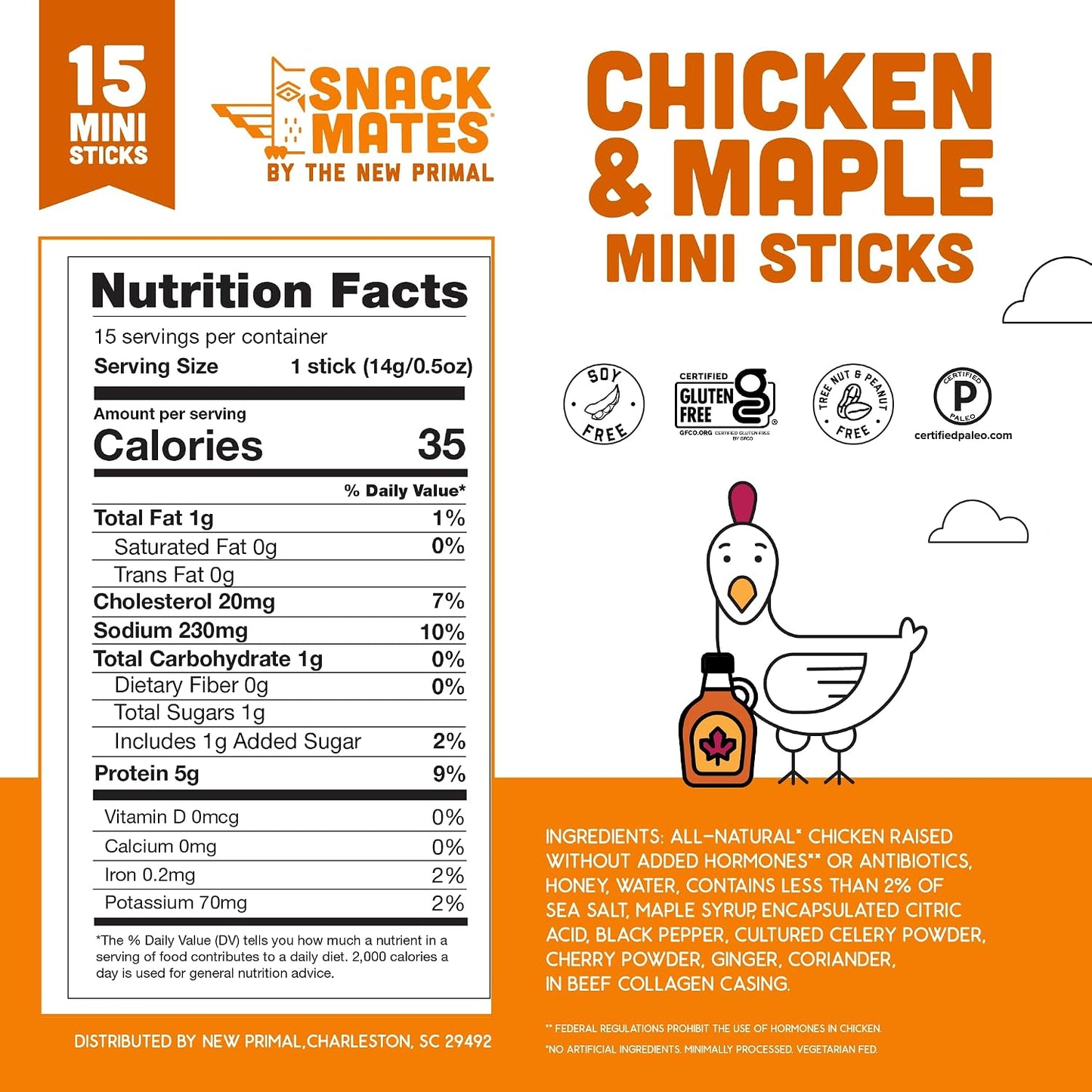 New Primal Snack Mates Chicken & Maple Sticks, Gluten Free, Low Sugar, High Protein Snacks for Kids