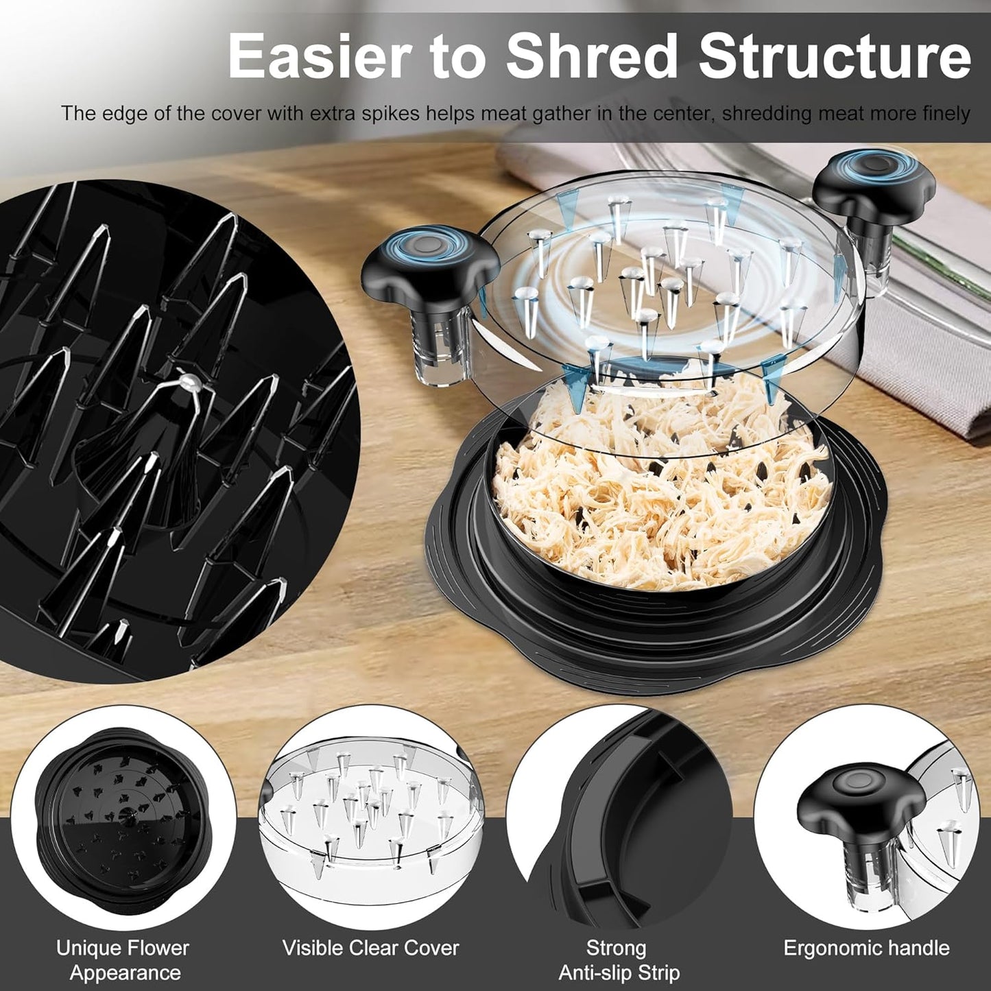 Chicken Shredder Tool Twist Large Meat Shredder with Brush&Fork, Black | Visible Chicken Breast Shredder, Strong Anti-Slip Strip, Ergonomic Handle, BPA Free, Kitchen Gadgets for Pork Beef Chicken