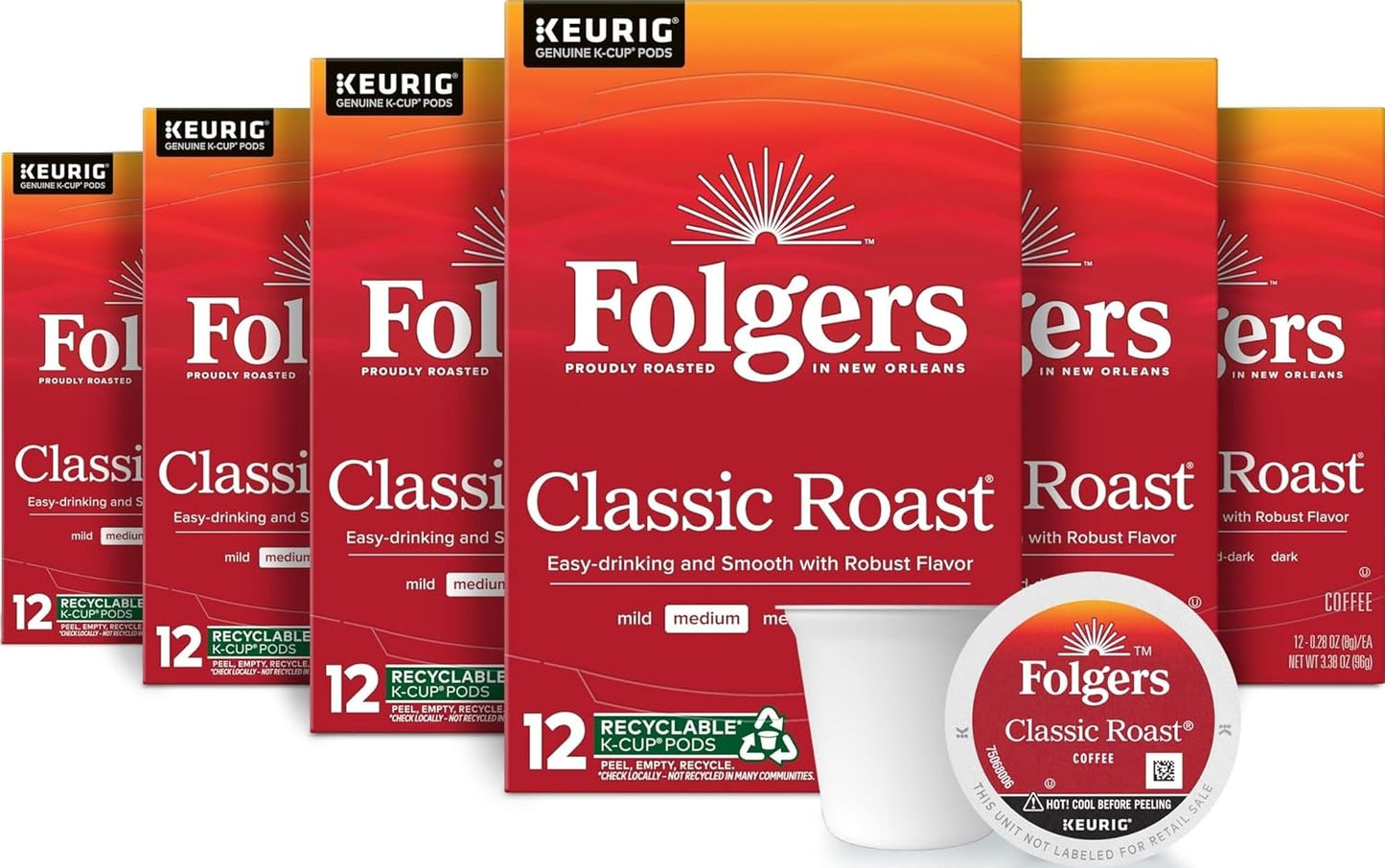 Folgers Classic Roast Medium Roast Coffee Keurig K-Cup Pods 12 Count Boxes Pack of 6