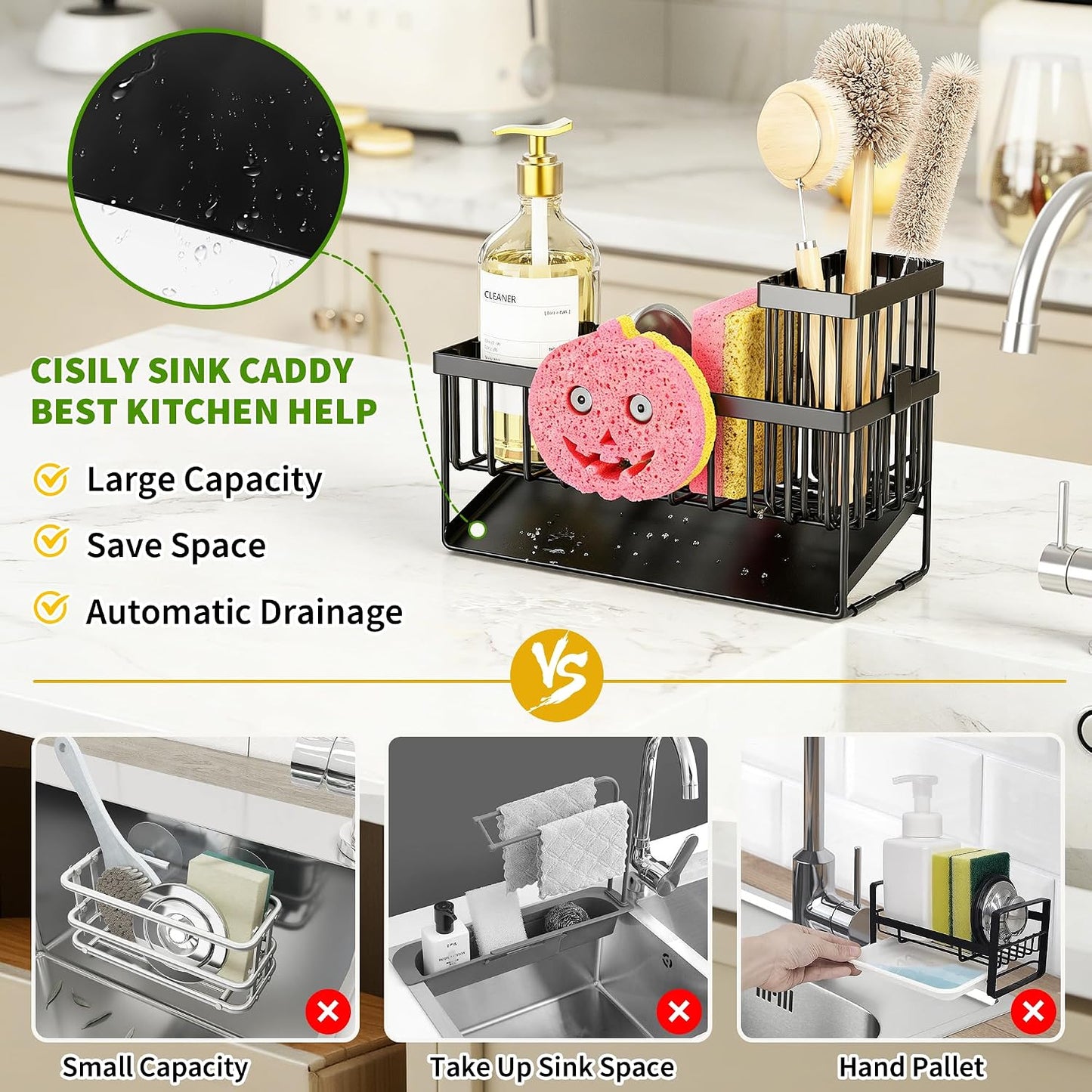 Cisily Sponge Holder for Kitchen Sink, Smiley Face Sink Caddy with Removable Brush Holder,Self-Draining Sponge Caddy for Sponge,Soap,Dish Brush,Scrubber,Kitchen Essentials and Gadgets