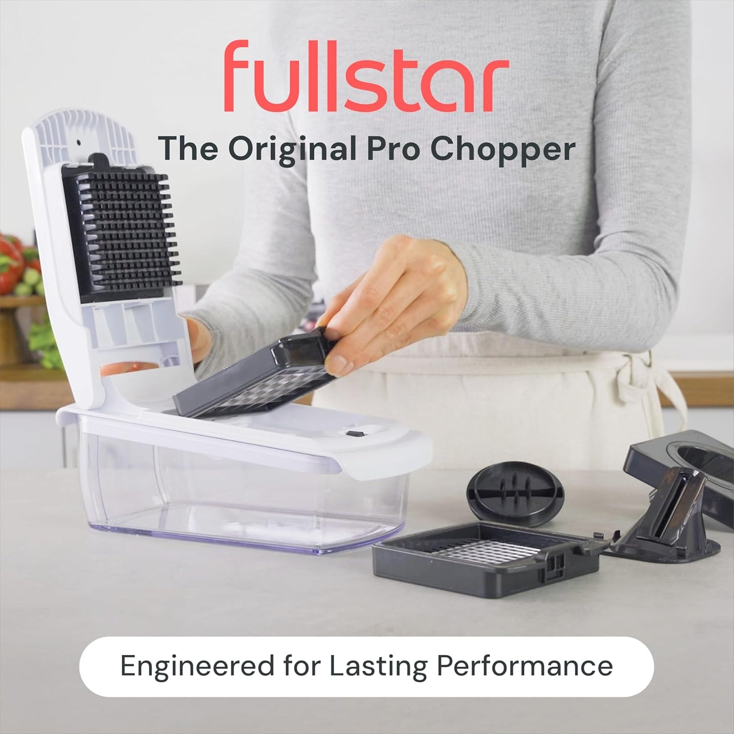Fullstar Pro Original Vegetable Chopper & Spiralizer, Kitchen Prep Tool | 4 in 1 Veggie Slicer, Onion & Fruit Cutter with Sharp Stainless Steel Blades & Container, All-in-One Food Prep Tool (White)