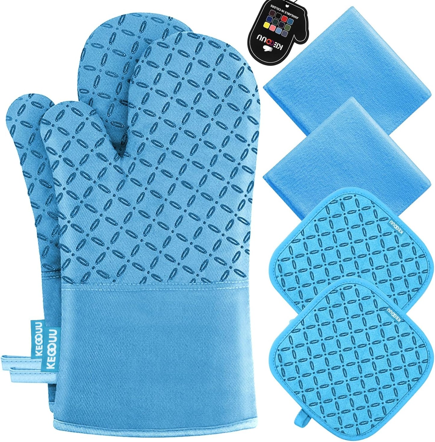 KEGOUU Oven Mitts and Pot Holders 6pcs Set, Kitchen Oven Glove High Heat Resistant 500 Degree Extra Long Oven Mitts and Potholder with Non-Slip Silicone Surface for Cooking (Grey)