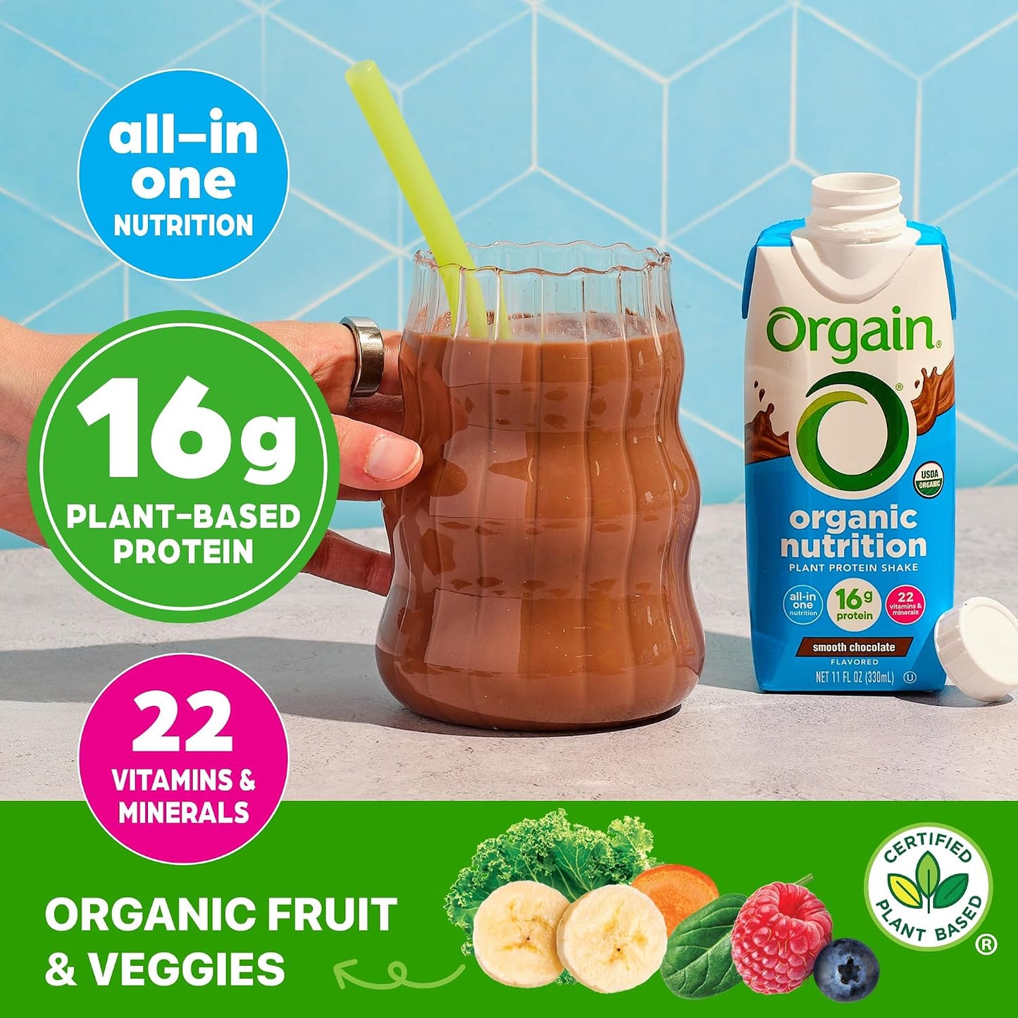 Orgain Organic Nutritional Vegan Protein Shake, Smooth Chocolate - 16g Plant Based Protein, Meal Replacement, 22 Vitamins & Minerals, Fruits & Vegetables, Gluten Free, Non-GMO, 11 Fl Oz (Pack of 12)