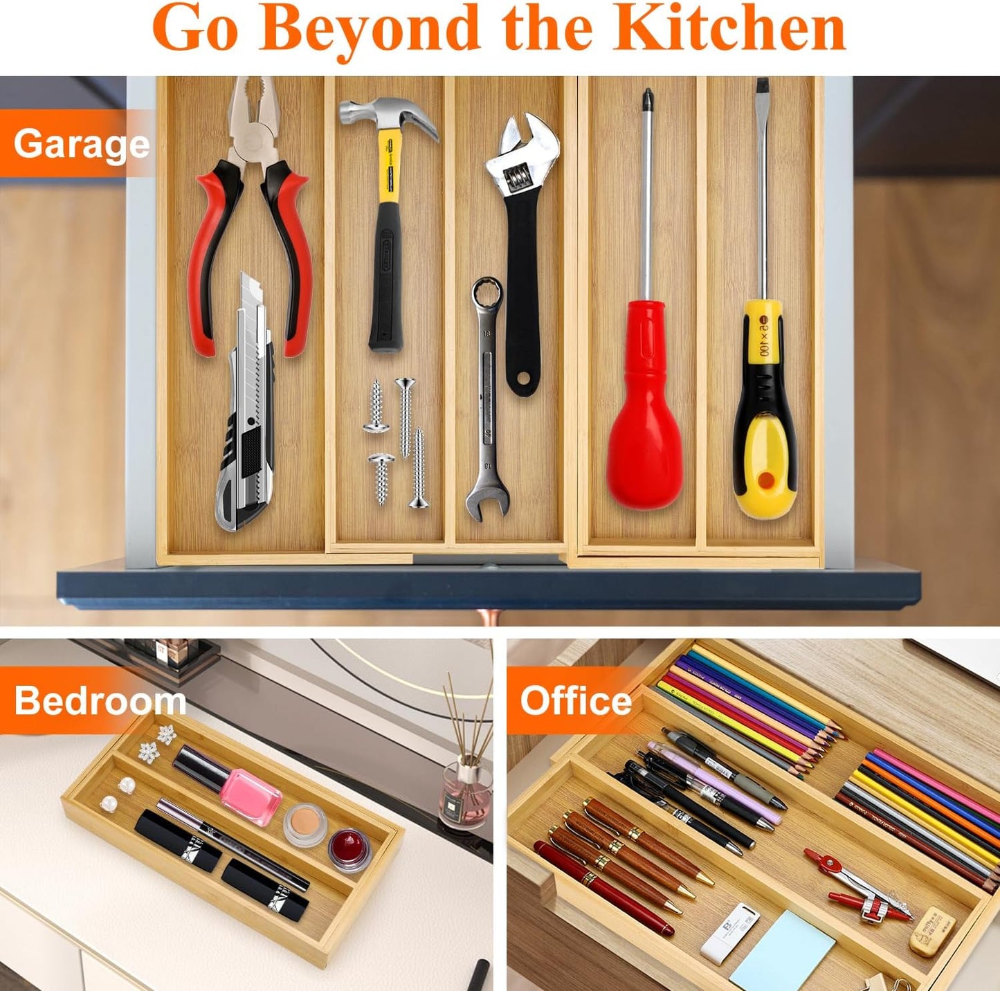 Large Bamboo Kitchen Utensil Drawer Organizer Expandable Silverware Tray | Big Cooking Utensil Drawer Divider Spoon Flatware Organizer Storage Adjustable Wooden Cutlery Holder Tool Knife Spatula Tray