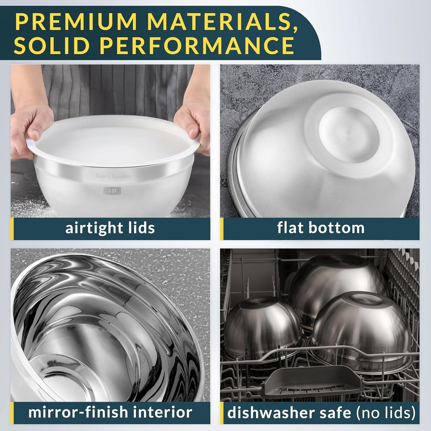 Baker's Signature Stainless Steel Mixing Bowls With Lid | Metal Bowl Set Of 5, Nesting Set For Food Prep, Baking,Storage, Cooking, Serving | Dishwasher Safe, 0.5/1.5/3/4/5 Qt