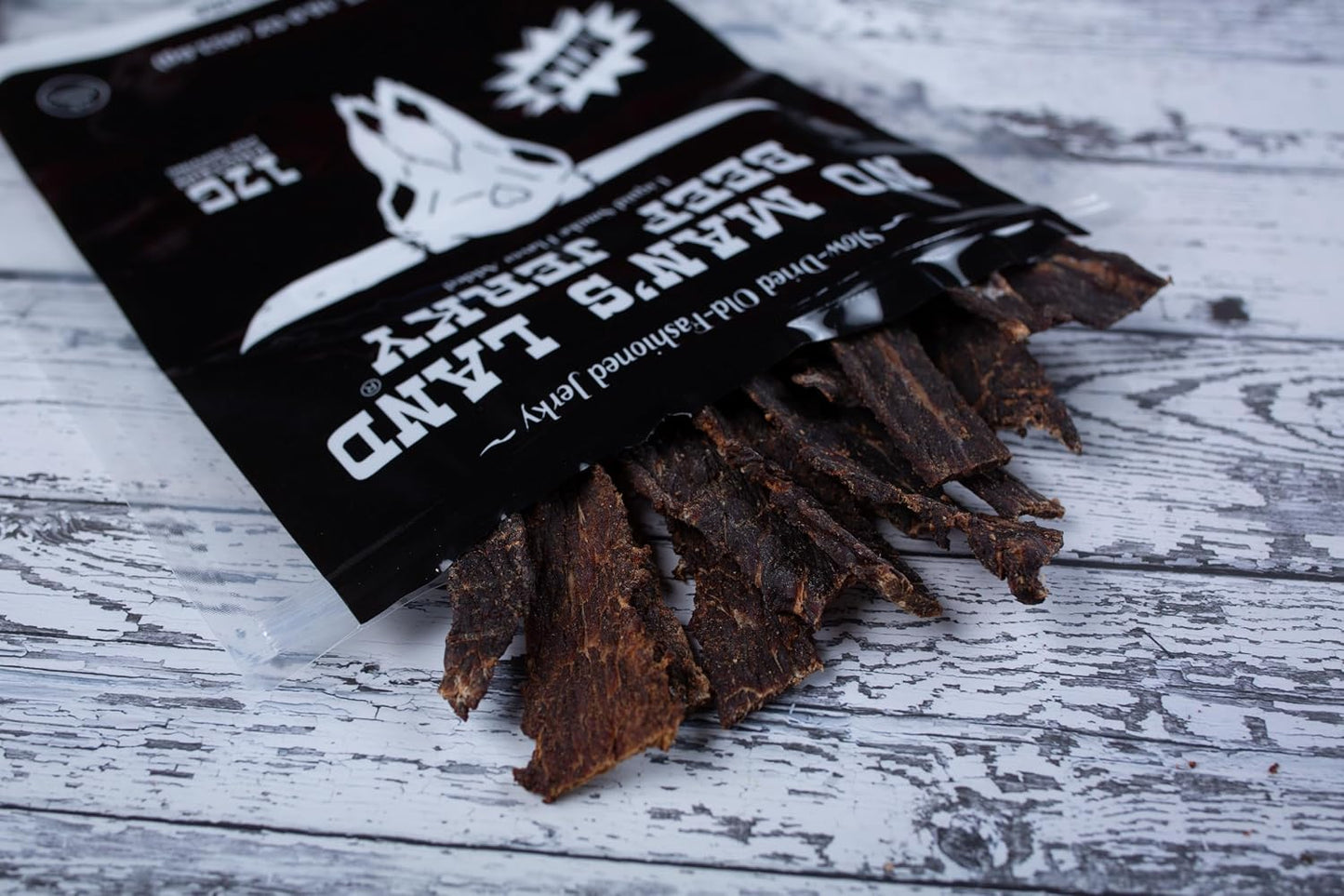 No Mans Land Slow-Dried Beef Jerky, Smoked & Seasoned Jerky Strips, High Protein, Low Carb Beef Snack, Gluten Free