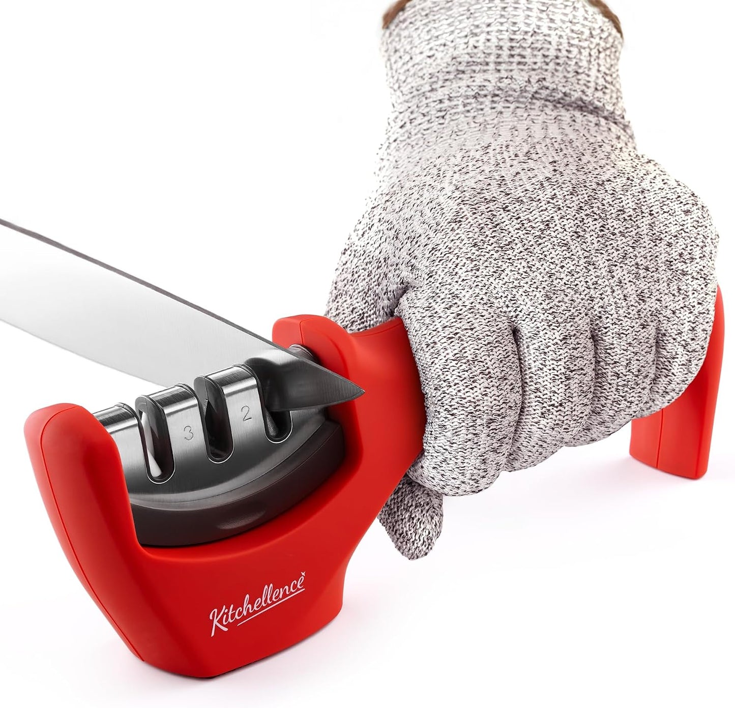 4-in-1 Kitchen Knife Accessories: 3-Stage Knife Sharpener Helps Repair, Restore, Polish Blades and Cut-Resistant Glove (Black)