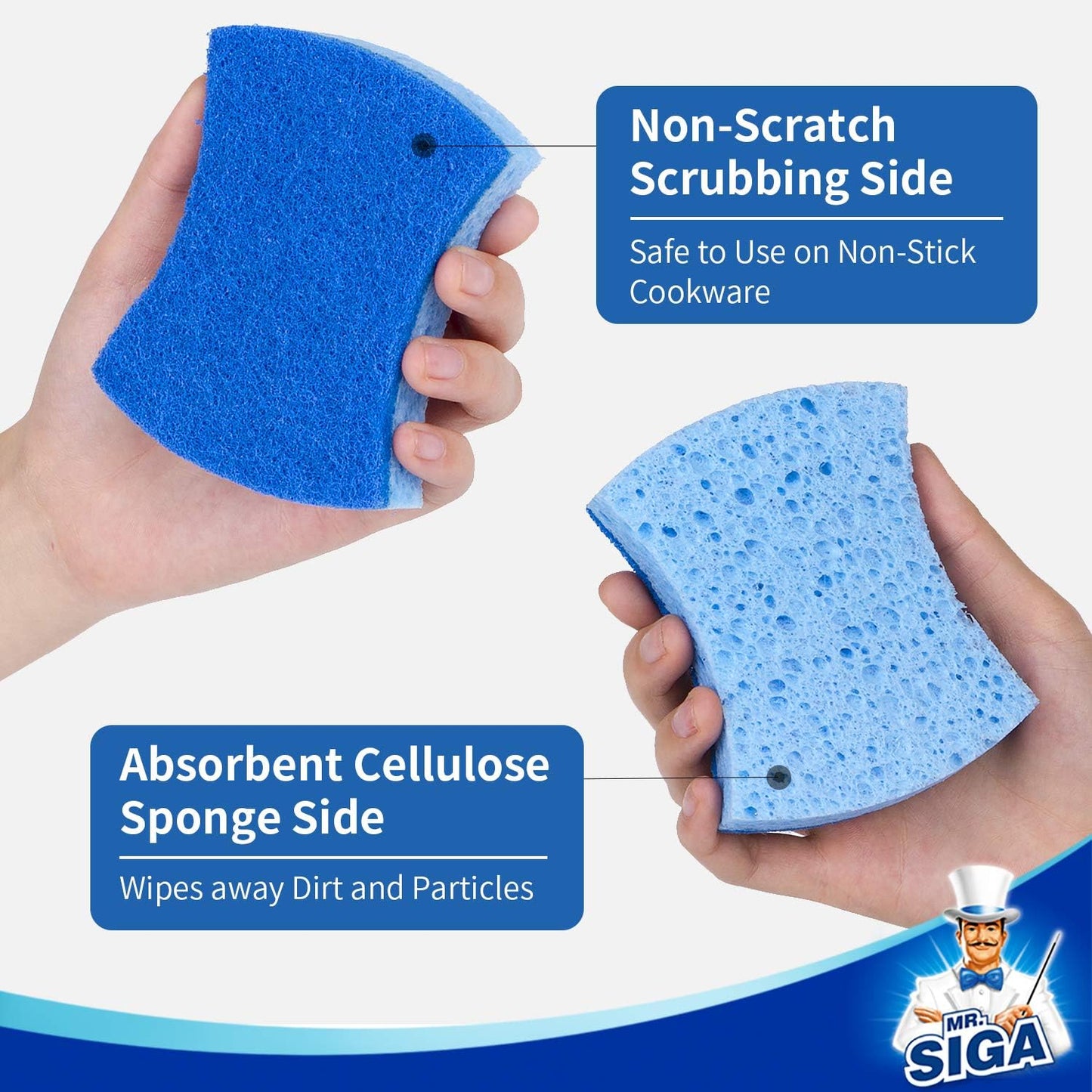 MR.SIGA Non-Scratch Cellulose Scrub Sponge, Dual-Sided Dish Sponge, 12 Pack | Dishwashing sponge for non stick cookware, scratch free dish sponges, kitchen sponges, cellulose sponges, sponges for dishes