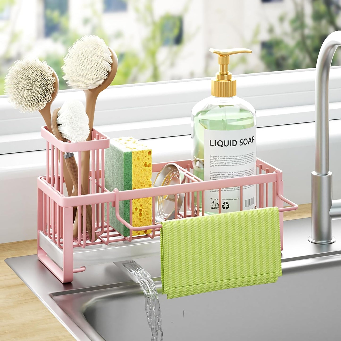 HapiRm Sponge Holder for Kitchen Sink - Self-draining Sink Caddy with Brush and Dishcloth Holders, Stainless Steel Kitchen Countertop Organizers and Storage Essentials - Black