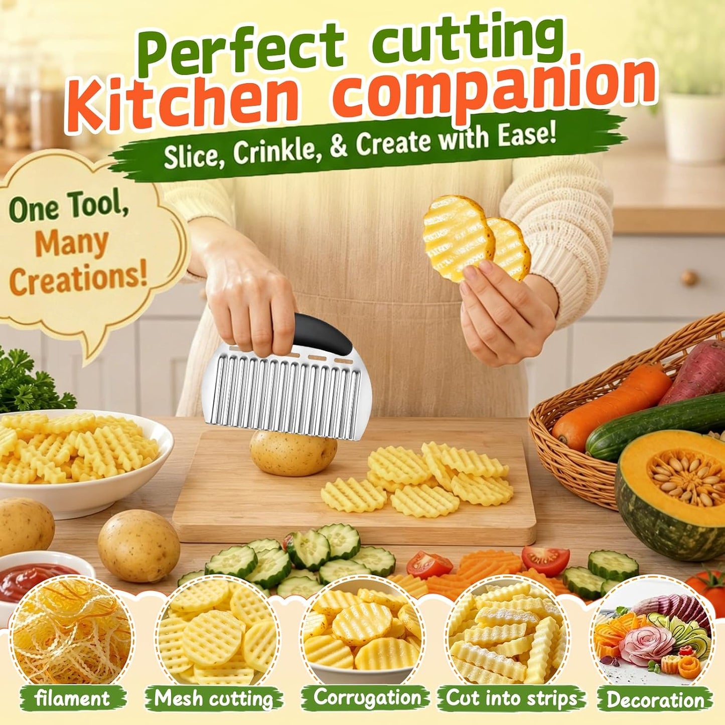 JAYVAR Large Crinkle Cutter French Fry Cutter, Stainless Steel Wavy Slicer | Large Crinkle Potato Slicer Wavy Chopper, Crinkle Cutting Chopping Tools with Handle