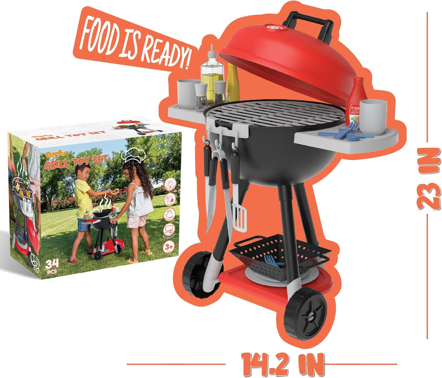 JOYIN 34 PCS Kitchen Toy Set, BBQ Play Grill, Cooking Toy Set, Little Chef Play, Kids Grill Playset Interactive BBQ for Kids with Light & Sound, Christmas Birthday Gift for 2 3 4 Year Old Boys Girls