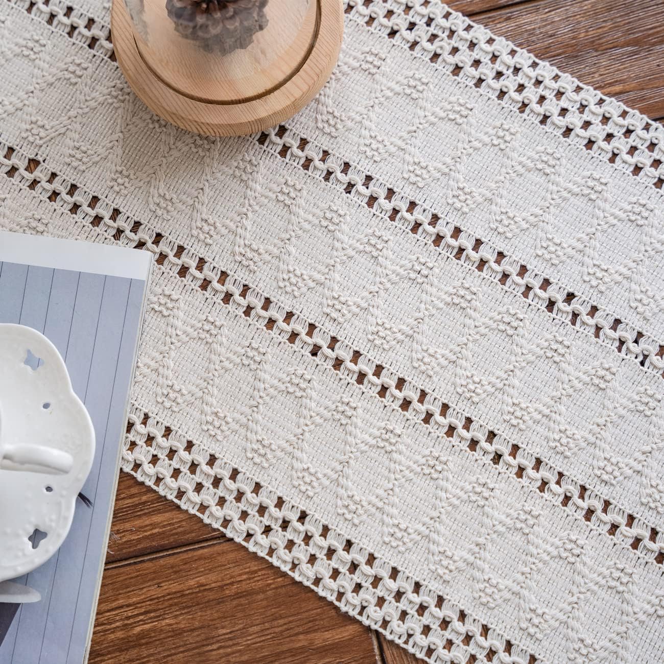 Alynsehom Macrame Table Runner Cream Beige Boho Table Runners with Tassels Hand Woven Cotton Table Runner Rustic Farmhouse Table Runners for Bohemian Kitchen Dining Table(12x71in)