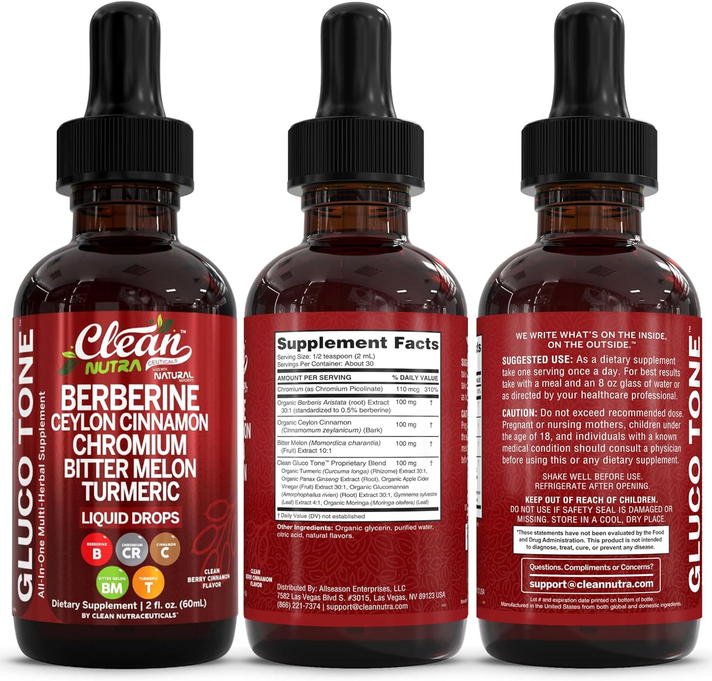 Clean Nutra Berberine with Ceylon Cinnamon Supplement Liquid Drops + Bitter Melon Extract, Glucomannan, Gymnema, Chromium, Turmeric, Organic Panax Ginseng, Moringa