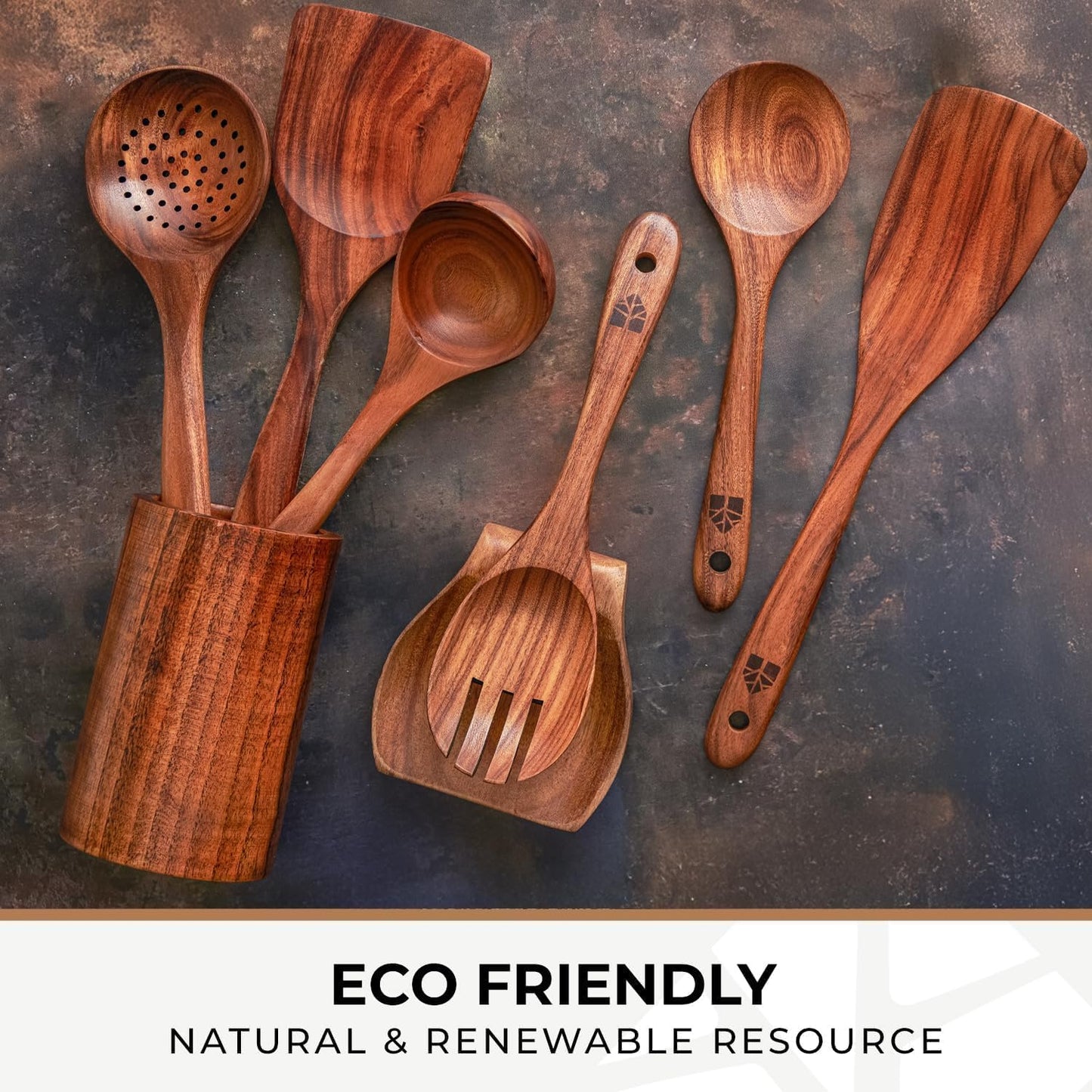 Wooden Utensil Set, 8 Pcs Teak Wooden Spoons for Cooking with Holder | Includes Spatula, Turner, Ladle, Skimmer, Spoon Rest & 6 Hooks – Sturdy, Non-Scratch, Easy to Clean
