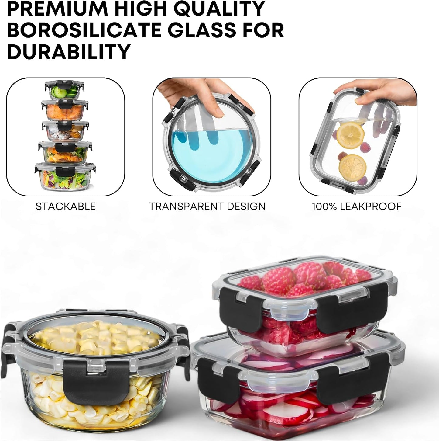 Razab 30 PC Glass Food Storage Containers with Lids - Reusable Glass Meal Prep Containers for Lunch and Leftovers - Airtight & Leakproof Snap Locking Lids - Oven, Freezer, Microwave, Dishwasher Safe