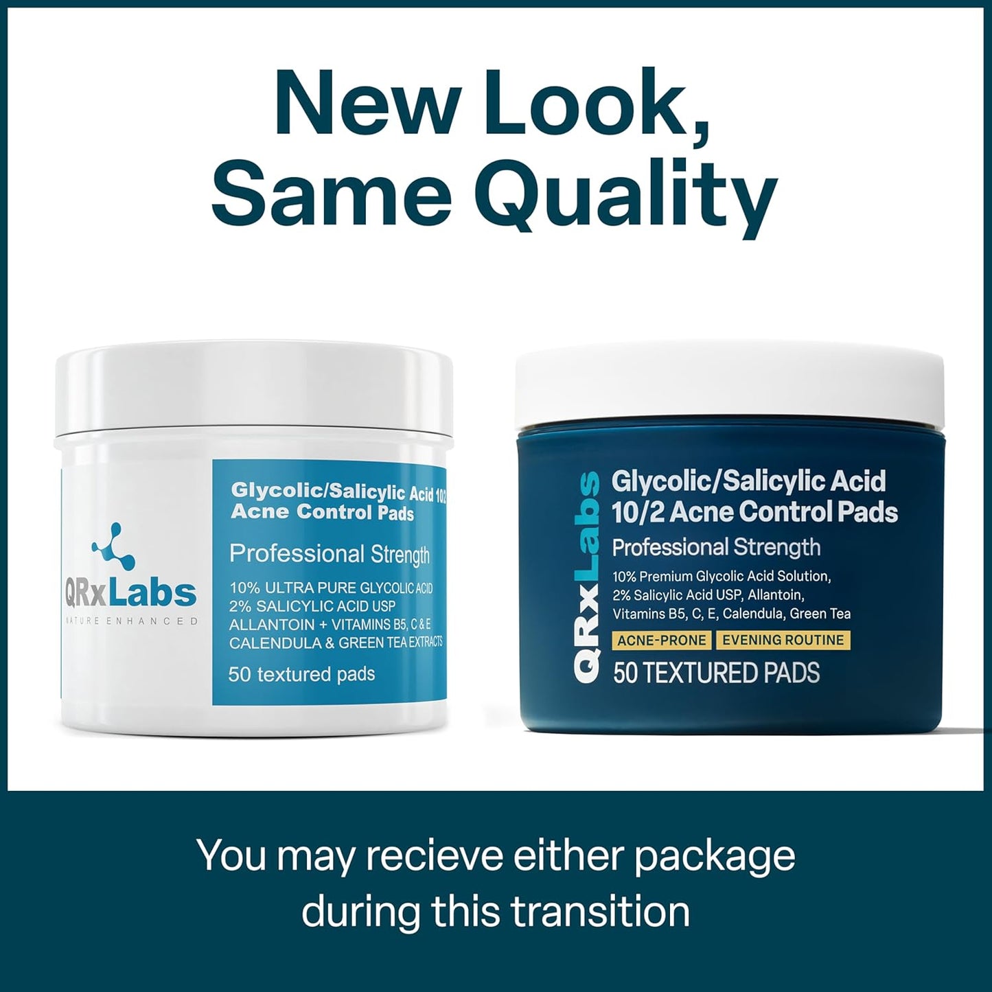 QRxLabs Salicylic & Glycolic Acid Pads (2% Salicylic & 10% Glycolic) - Acne Pads for Face & Bacne with Vitamins B5, C & E, Calendula & Green Tea - Face Exfoliator - 50 Count Jar