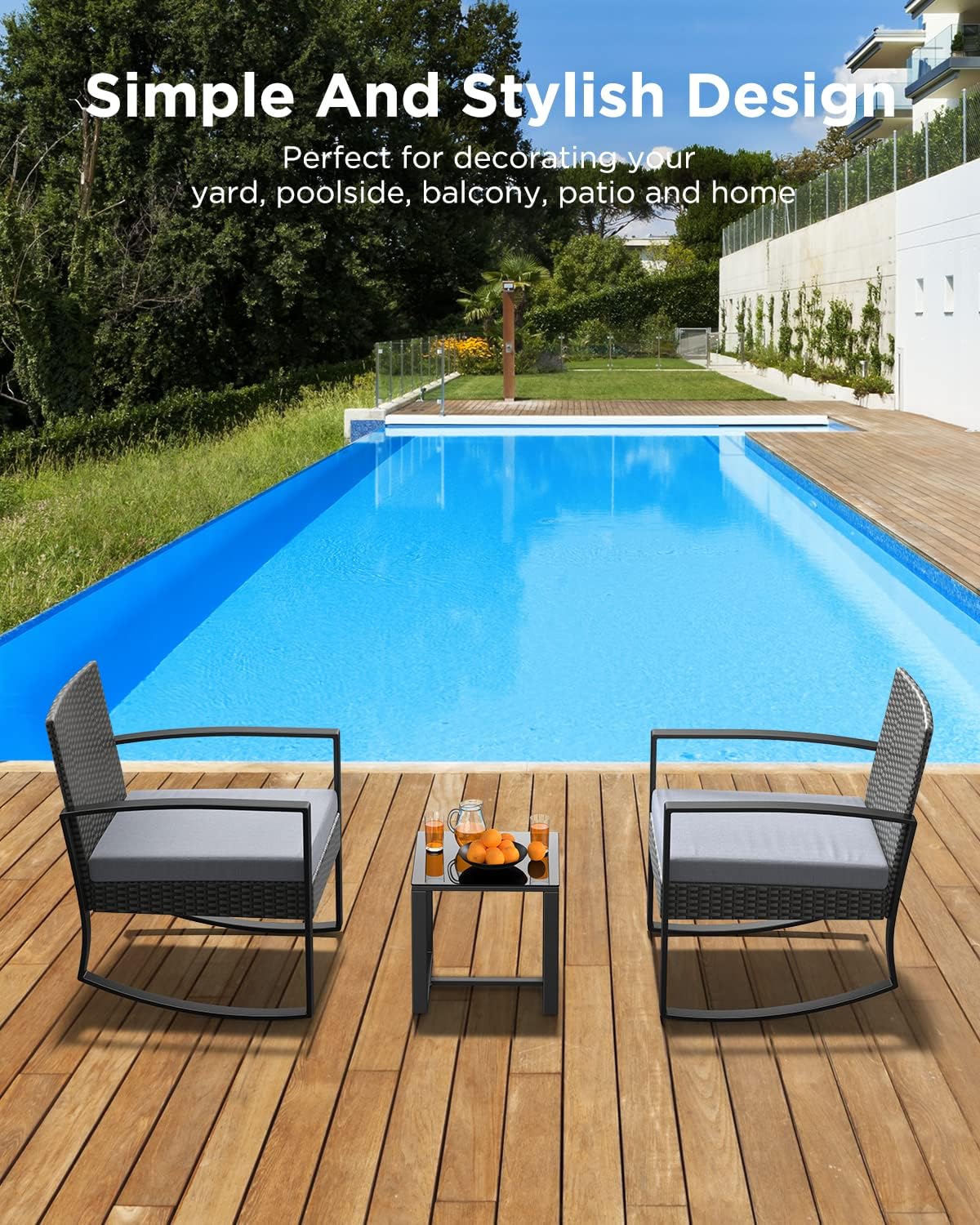 3 Pieces Outdoor Patio Furniture Set Rocking Bistro Set Outdoor Rattan Conversation with Coffee Table for Garden Balcony Backyard Poolside (Grey Cushion)