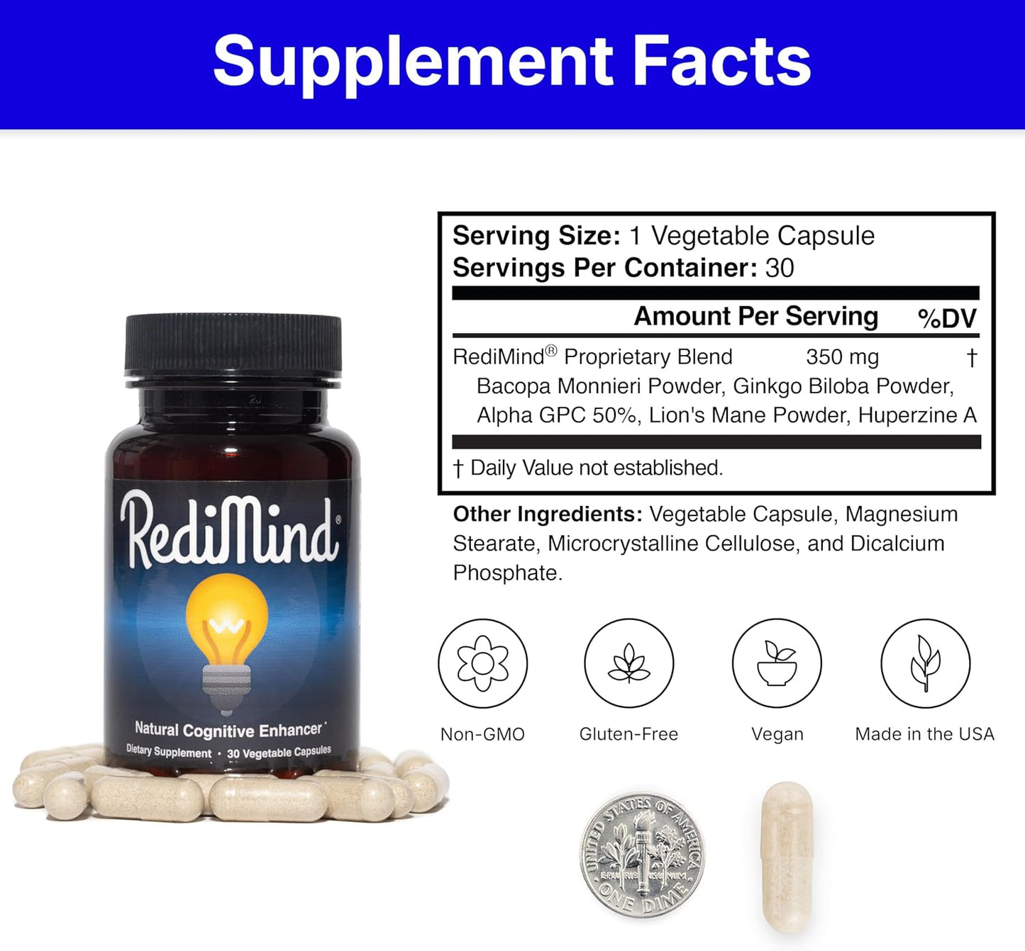 RediMind - Natural Cognitive Enhancement Supplement Capsule - Non-GMO, Vegan, Gluten-Free