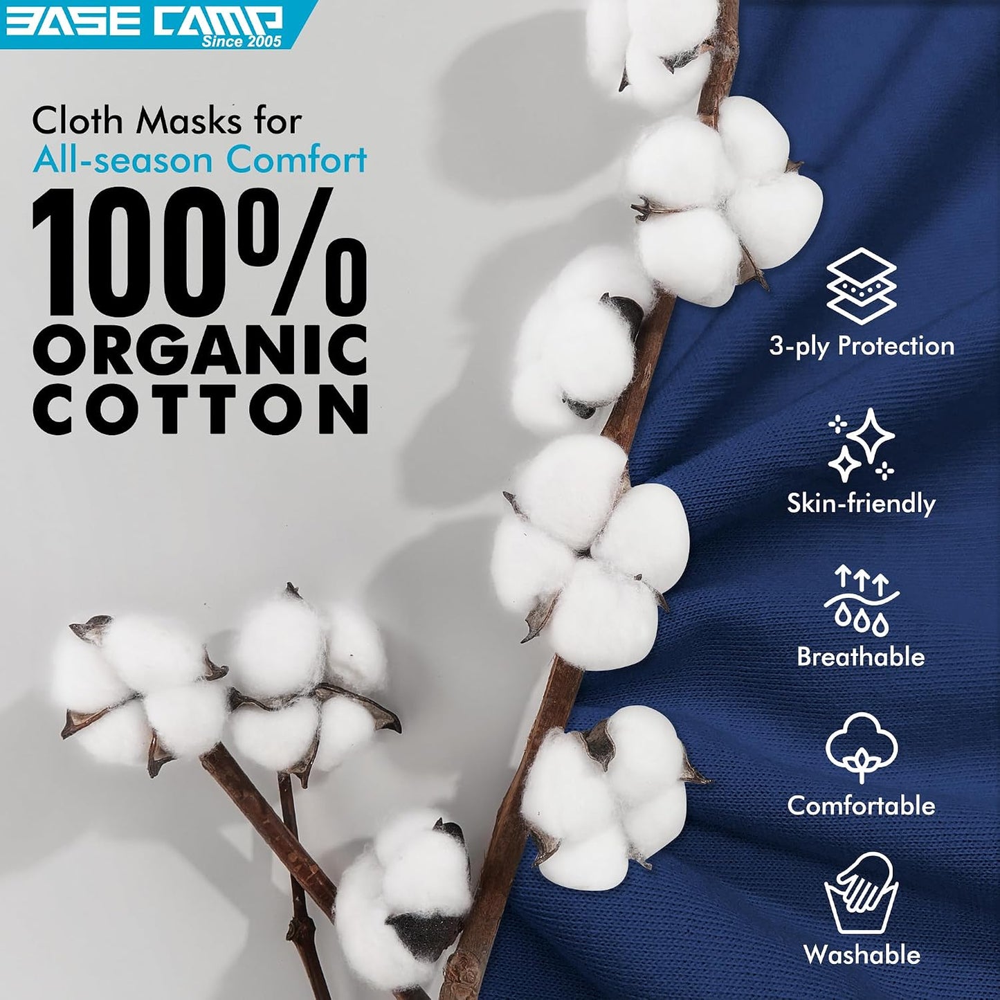 BASE CAMP 100% Cotton Reusable Cloth Face Masks with Filter Pocket