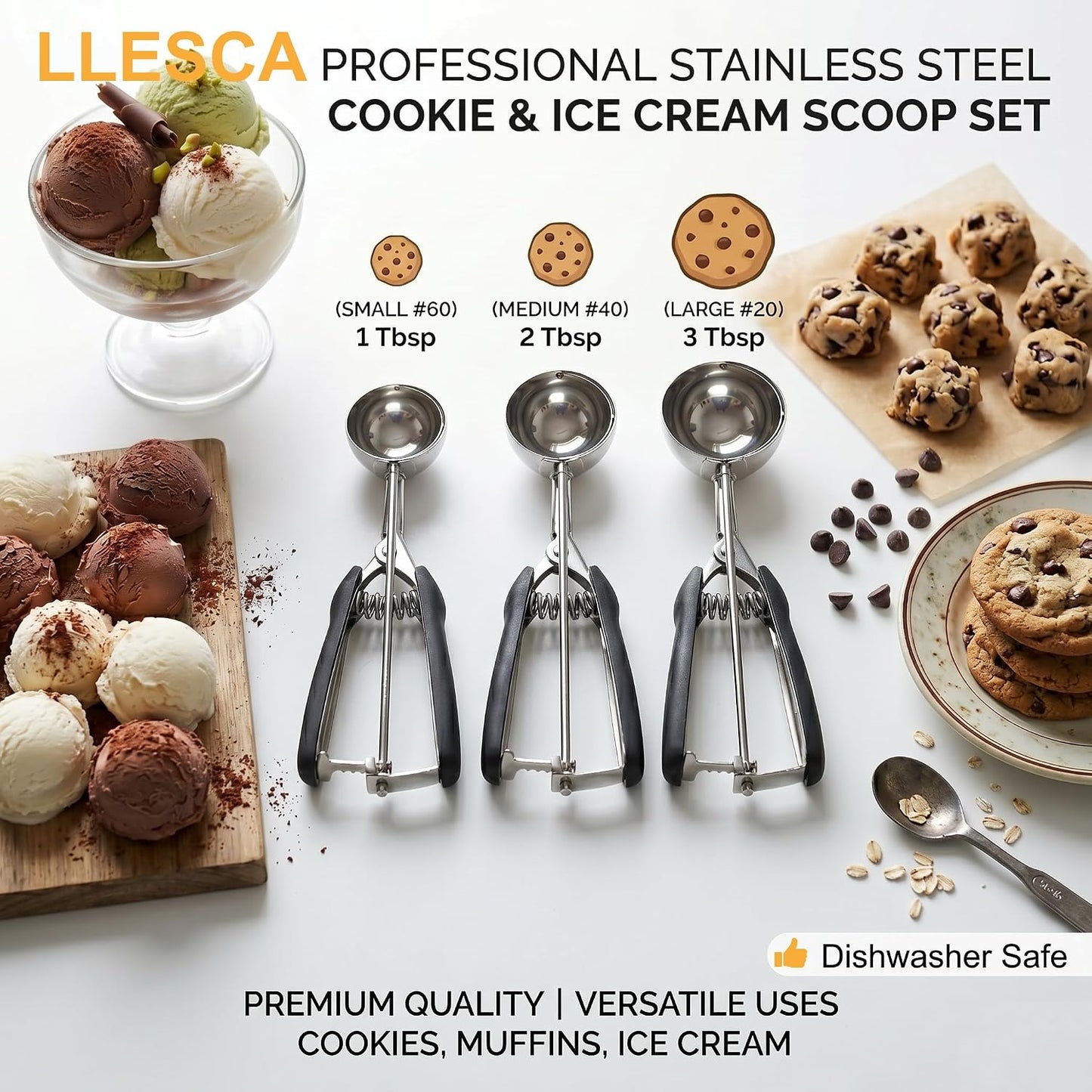 Cookie Scoop Set, 3Pcs Ice Cream Scoop, Cookie Scoops for Baking Set of 3, 18/8 Stainless Steel Cookie Scooper for Baking, Ice Cream Scooper with Trigger Release, Cookie Dough Scoop with Non-slip Grip