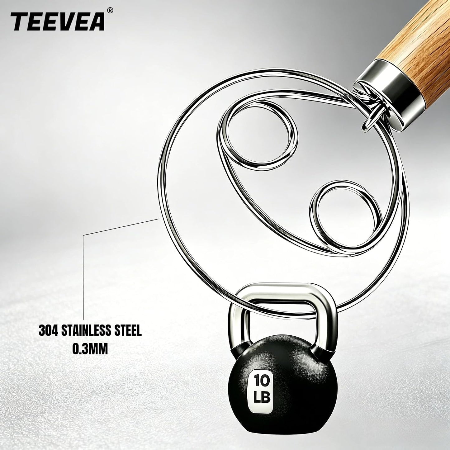 TEEVEA Danish Dough Whisk Stainless Steel Wooden Handle for Sourdough Bread | 4-Loop Food-Grade Steel Dutch Whisk, Even Mixing, Replaces Dough Hook and Mixing Spoon, Nonstick Easy Clean, Sourdough Mixer
