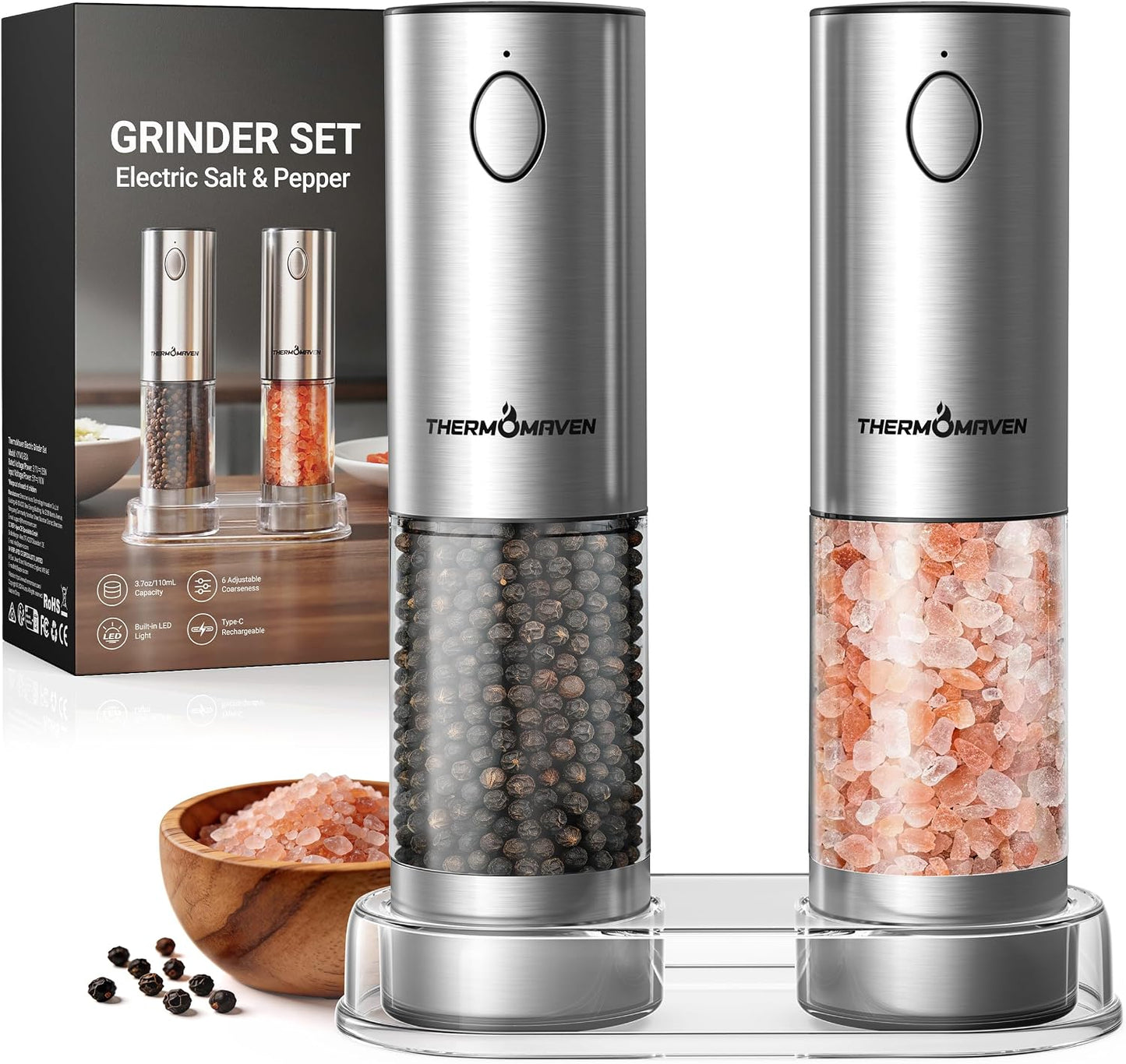 ThermoMaven Upgraded Larger Capacity Electric Salt and Pepper Grinder Set, 110ml Rechargeable Salt and Pepper Shaker with LED Light, Stainless Steel Automatic Pepper Mill with 6 Adjustable Coarseness