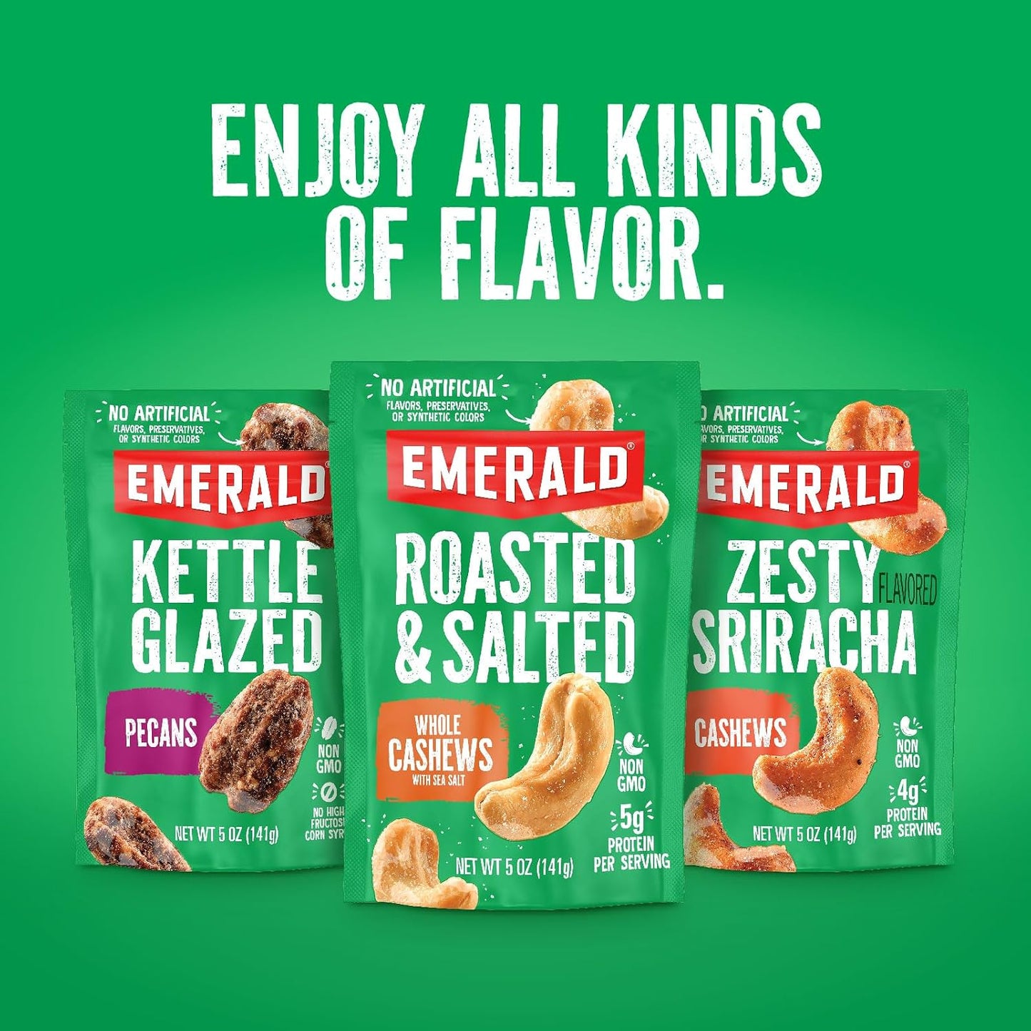 Emerald Nuts Roasted and Salted Cashews 7ct, 100-Calorie Individually Wrapped, Kosher Certified, Non-GMO, Plant-Based, No Artificial Additives