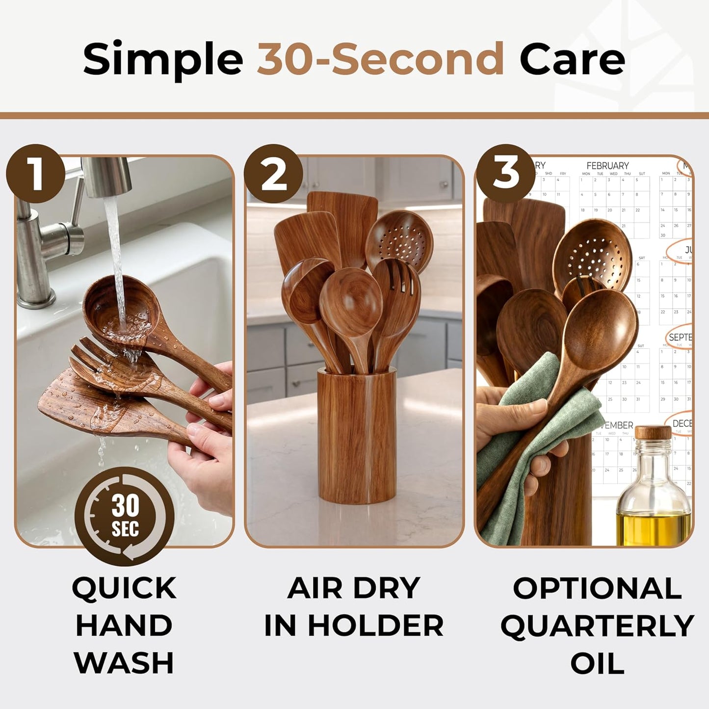 Wooden Utensil Set, 8 Pcs Teak Wooden Spoons for Cooking with Holder | Includes Spatula, Turner, Ladle, Skimmer, Spoon Rest & 6 Hooks – Sturdy, Non-Scratch, Easy to Clean