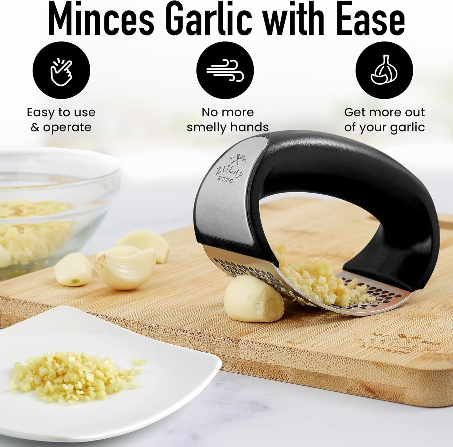 Zulay Kitchen Stainless Steel Garlic Press Rocker Set - Premium Garlic Mincer Garlic Crusher - New Innovative Garlic Crusher with Peeler and Scraper - Comfortable Grip (Black)