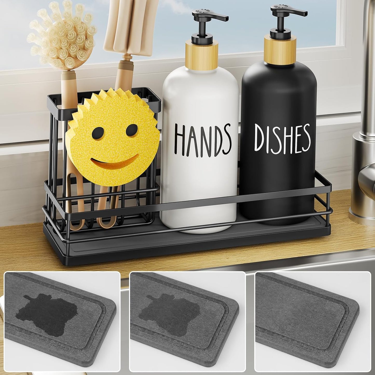 Moforoco Kitchen Dish Soap Dispenser Set, 16OZ Glass Bottle, Hand and Dish Soap Dispenser Set, Instant Dry Tray, Brush Holder with Smiley Face Sponge Holder (Black Tray+Black&White Bottle)