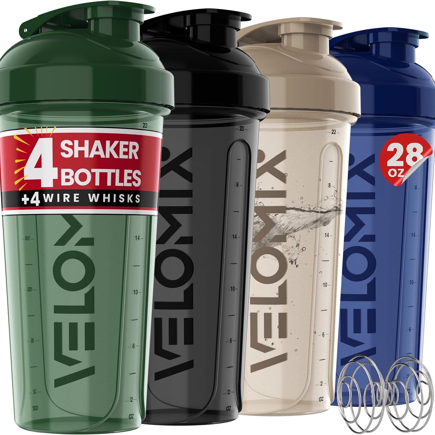 VELOMIX 28 Oz Protein Shaker Bottle, 4-Pack, Leak-Proof, Dishwasher Safe
