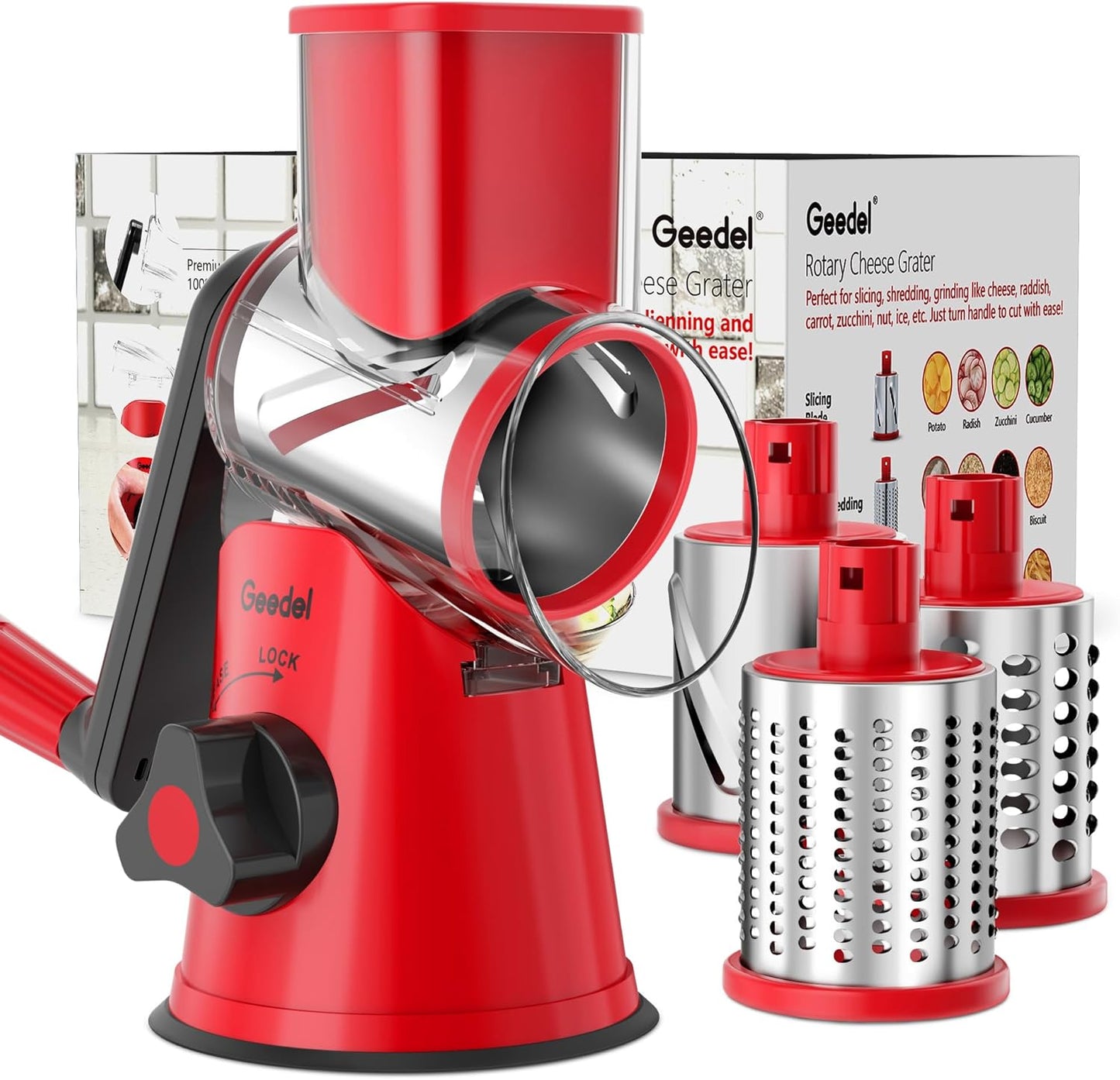 Geedel Rotary Cheese Grater Hand Crank, Cheese Shredder Vegetable Slicer | 3 Blades, 430 Stainless Steel, 12x Fast Cutting, Strong Suction Base, No BPA, Dishwasher Safe, for Cheese, Veggie, Nut