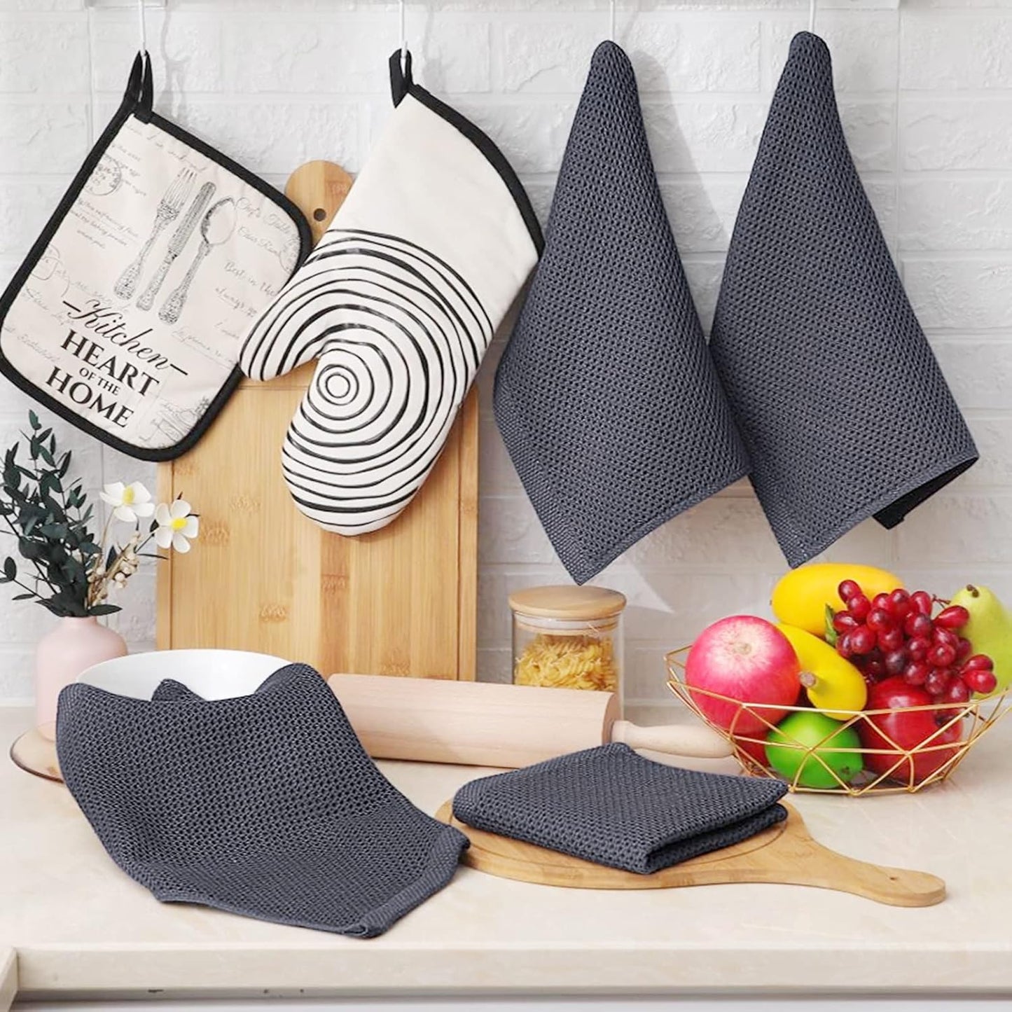 Homaxy 100% Cotton Waffle Weave Kitchen Dish Cloths 6-Pack, Dark Grey | 12 x 12 Inches, Ultra Soft Absorbent Dish Towels, Quick Drying Dish Rags with Hanging Loop