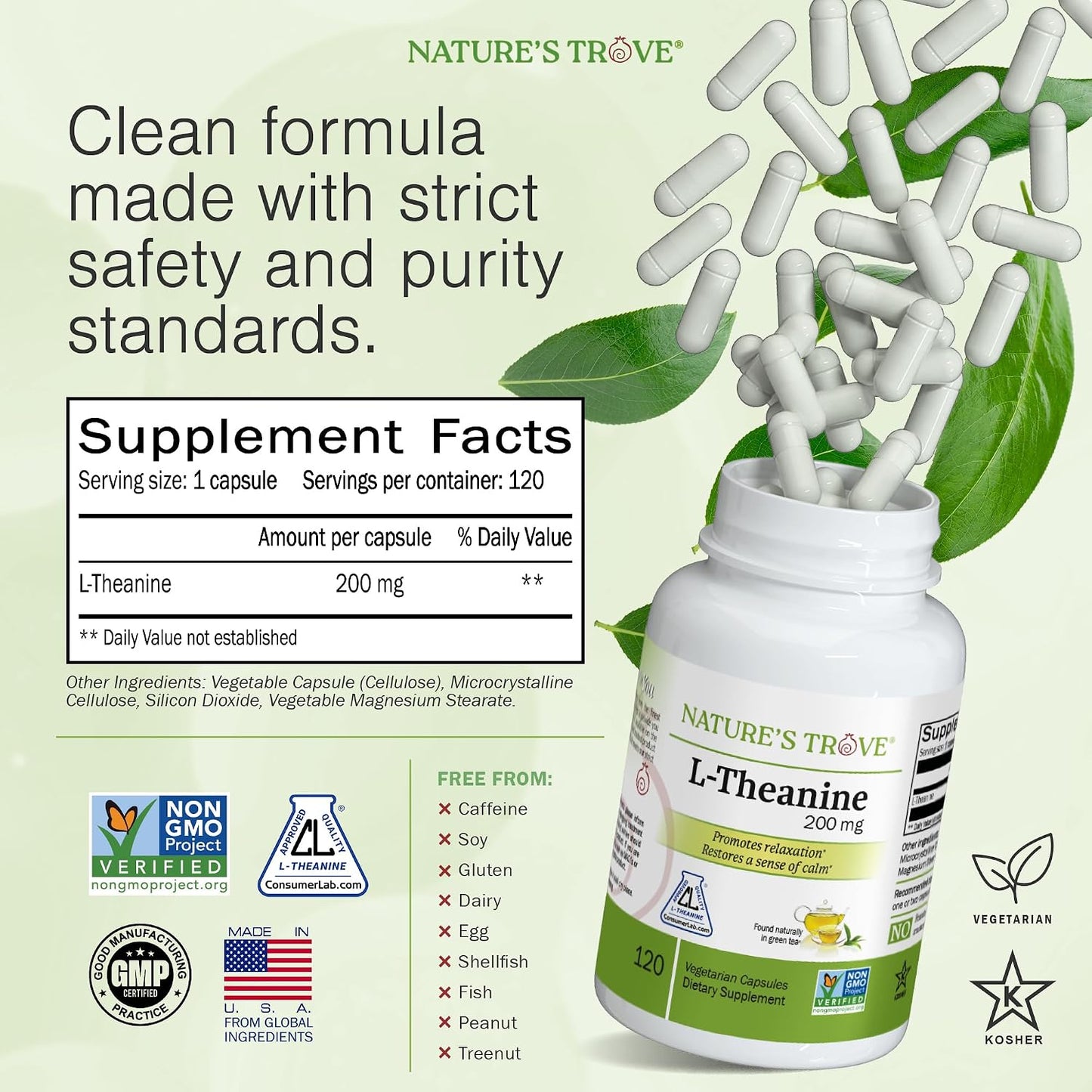 Nature's Trove L-Theanine 200mg 120 Vegetarian Capsules