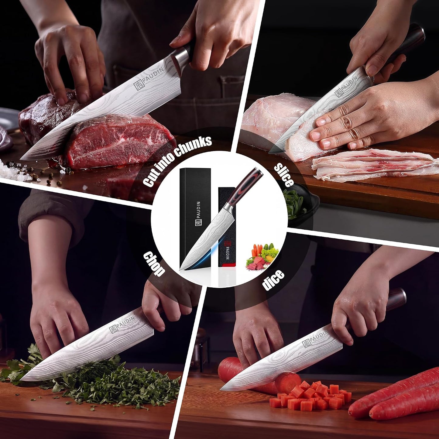 PAUDIN Chef Knife, 8 Inch High Carbon Stainless Steel Sharp Kitchen Knife with Ergonomic Handle, Gift Box for Family & Restaurant
